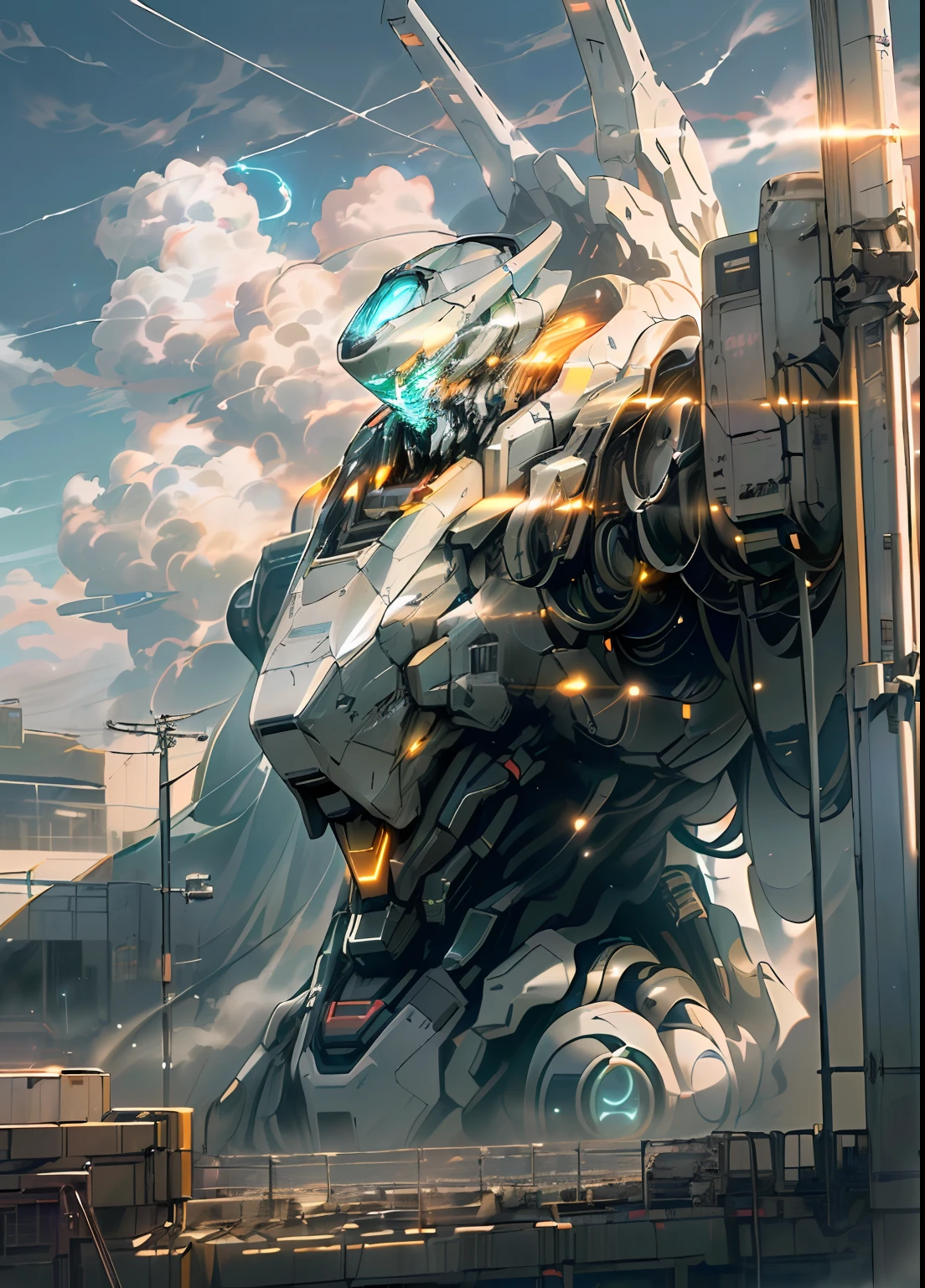(((Science fiction city)), ((Robot stationing)), ((no_humans)), ((Sky)) and ((Cloud)) intertwined, ((Glow)) radiant, ambitious ((Mecha)) holding ((holding_weapon)) to ((Unknown Building)), ((glowing_eyes)) radiating light, as if he were the god of ((City)) full of ((Reality)) and ((Science Fiction)) atmosphere.