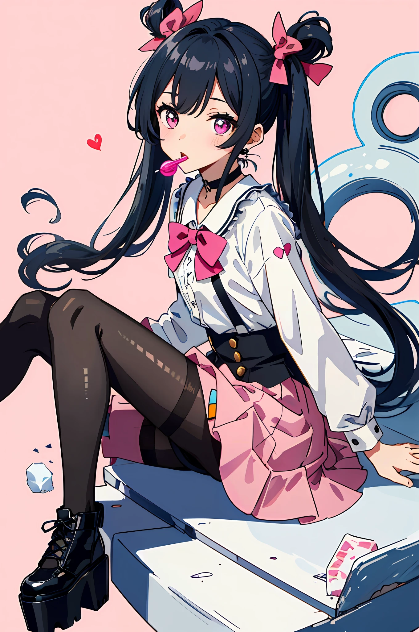 masterpiece, best quality, (jirai_kei),1girl, solo, long_hair, looking_at_viewer, shirt, black_hair, long_sleeves, bow, ribbon, twintails, sitting, monochrome, hair_bow, heart, pantyhose, frills, food, shoes, choker, blunt_bangs, black_skirt, pink_eyes, stuffed_toy, pink_background, stuffed_animal, frilled_skirt, pink_bow, (fishnets), candy, bandaid, pink_shirt, teddy_bear, lollipop, (fishnet_pantyhose), platform_footwear, pink_theme, pill, heart-shaped pupils,