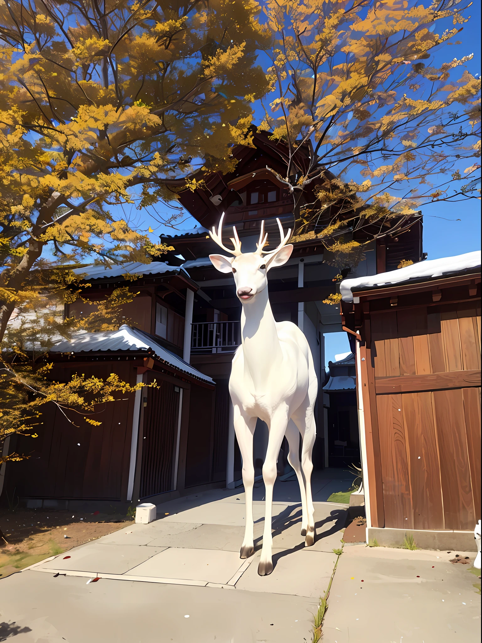 A white deer,Stand in the middle of the picture,Colorful streamers around,The background is traditional architecture and natural scenery。