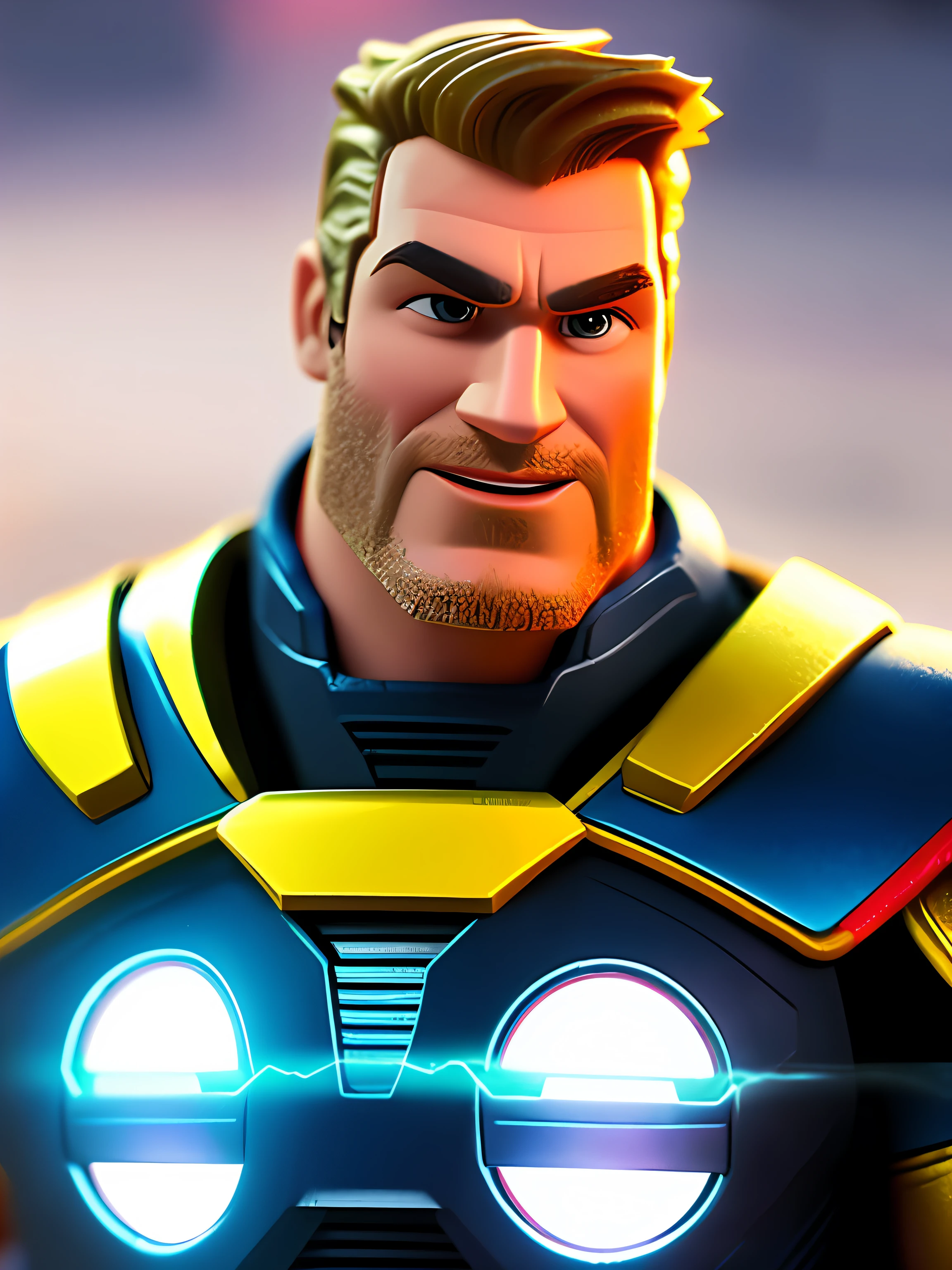 thor super-heroi da marvel em seu uniforme classico do quadrinhos segurando o mijonir, (estilo pixar) (obra-prima:1.2) (bokeh) (melhor qualidade) (pele detalhada) (textura detalhada) (8k) (claymation) (cinematic lighthing) (foco nítido) Possibility of battle , saindo de uma nave espacial
