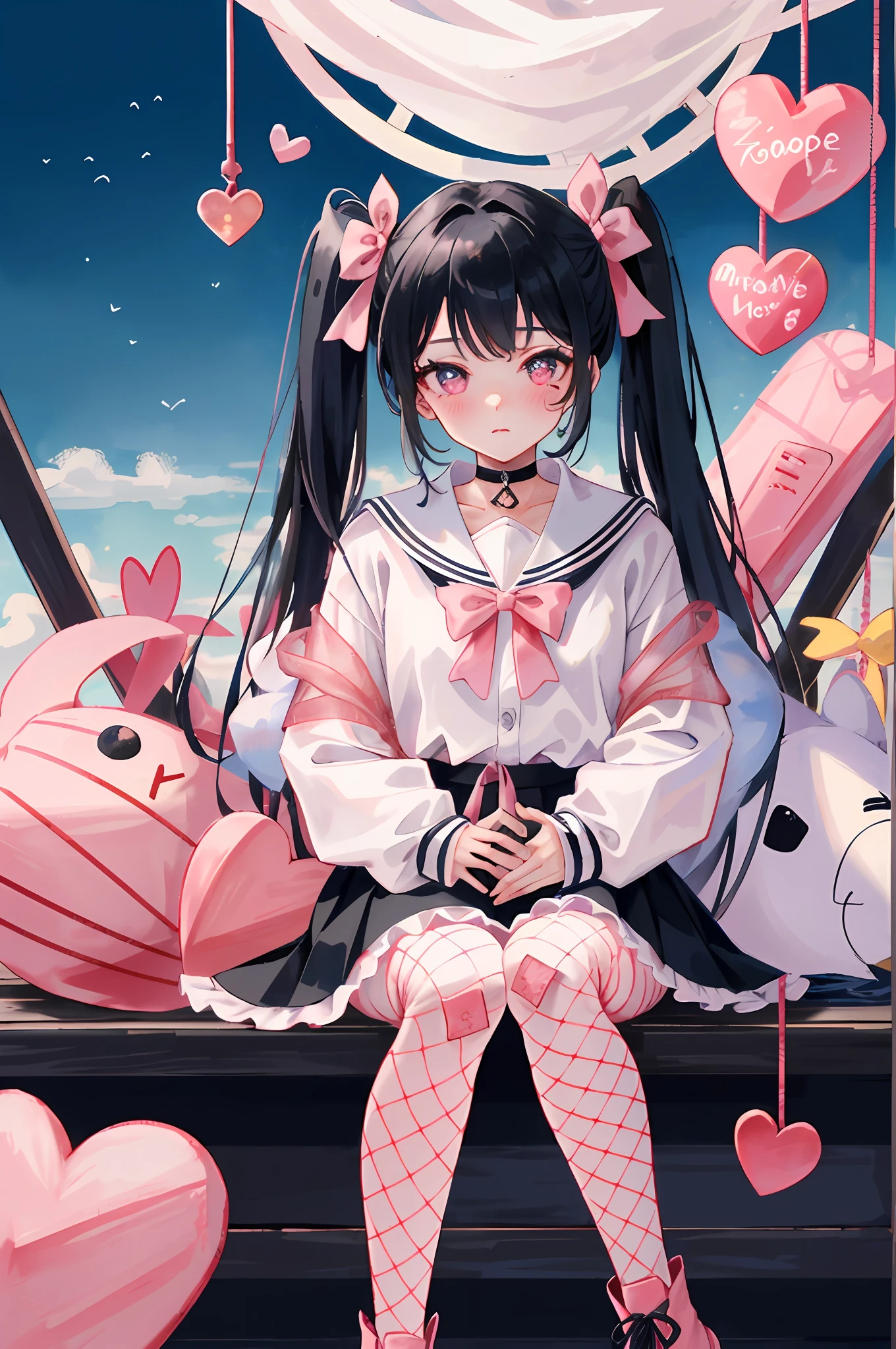 masterpiece, best quality, (jirai_kei),1girl, solo, long_hair, looking_at_viewer, shirt, black_hair, long_sleeves, bow, ribbon, twintails, sitting, monochrome, hair_bow, heart, pantyhose, frills, food, shoes, choker, blunt_bangs, black_skirt, pink_eyes, stuffed_toy, pink_background, stuffed_animal, frilled_skirt, pink_bow, (fishnets), candy, bandaid, pink_shirt, teddy_bear, lollipop, (fishnet_pantyhose), platform_footwear, pink_theme, pill, heart-shaped pupils,