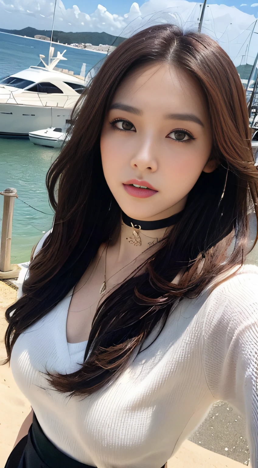 (best qualtiy,A high resolution,tmasterpiece:1.3),A tall and beautiful woman,Dark brown hair in loose wavy styling,choker necklace,The shirt,obi strip,a skirt,(Yacht in the background)beachside,Beautifully rendered details in face and skin textures,Detailed eyes,二重まぶた,Selfie angle