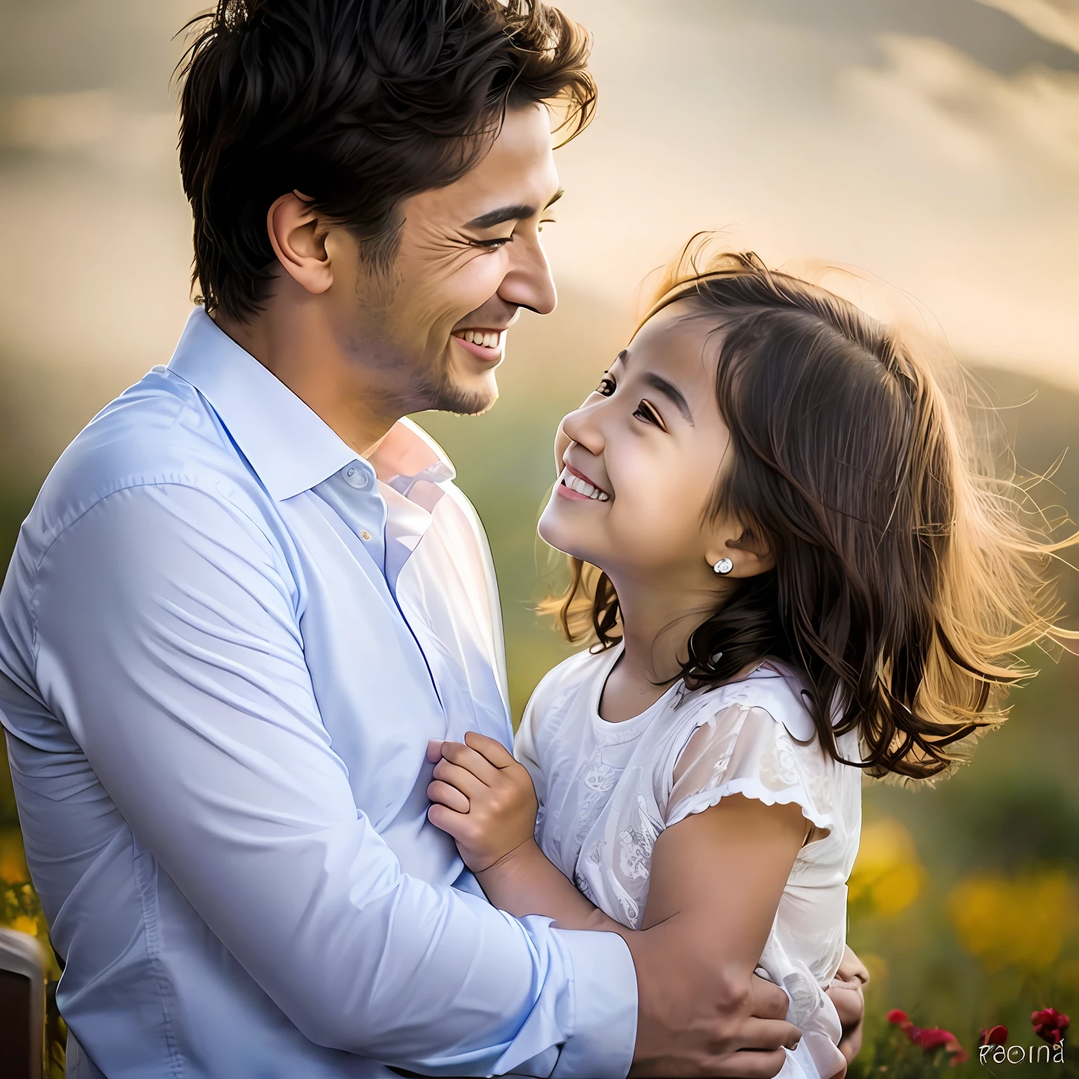 fotografia do pai sorrindo e feliz com o filho, realista