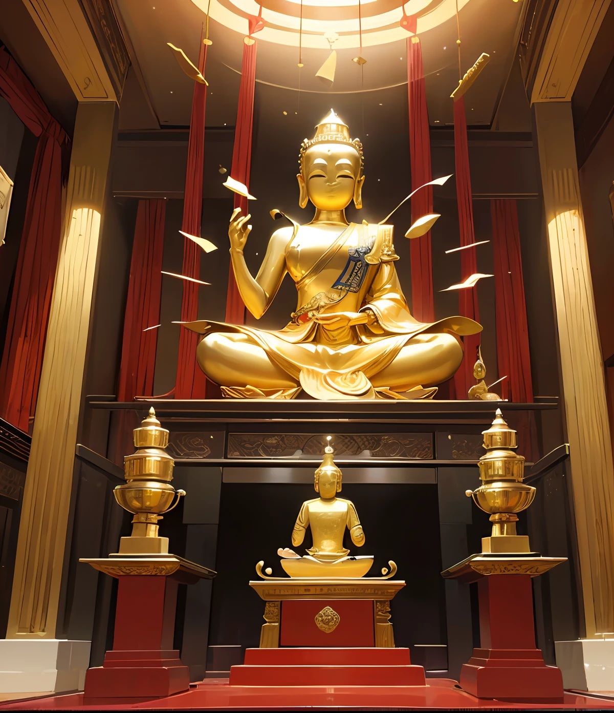 tmasterpiece,(best qualtiy:1.2),(super-fine:1.2),Inside the Daeungho Hall inside the Buddhist temple,A golden Buddha statue sits quietly on a lotus platform,Smile and look at all the worshippers who come to worship。A thin layer of cigarette filled the temple,Image scale 6:7 --auto