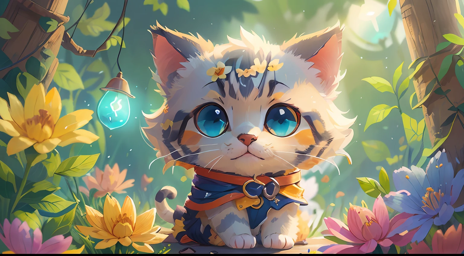 (Quality: High- sharpness、SuperiorQuality)In a sea of colorful flowers,(illumination: Sunlight shines through the petals),(人物: Little,A cute little kitten),(Background with: Fresh air,It's heartwarming)。