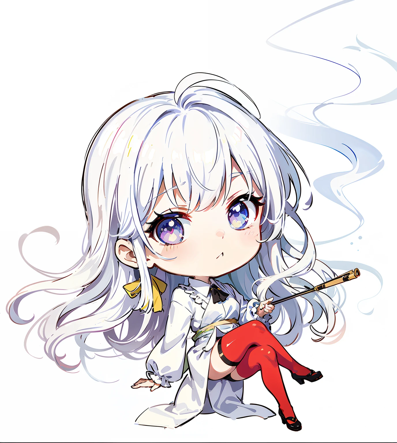green hair,The face that hasn't woken up,angry face,anime girl with a cigarette and a cigarette holder, nyaruko-san, a silver haired mad, white haired deity, white haired, chibi art, touhou character, white-haired, chibi, chibi girl, anime moe artstyle, zerochan art, chibi anime girl, neferpitou, koyoharu gotouge, anime chibi