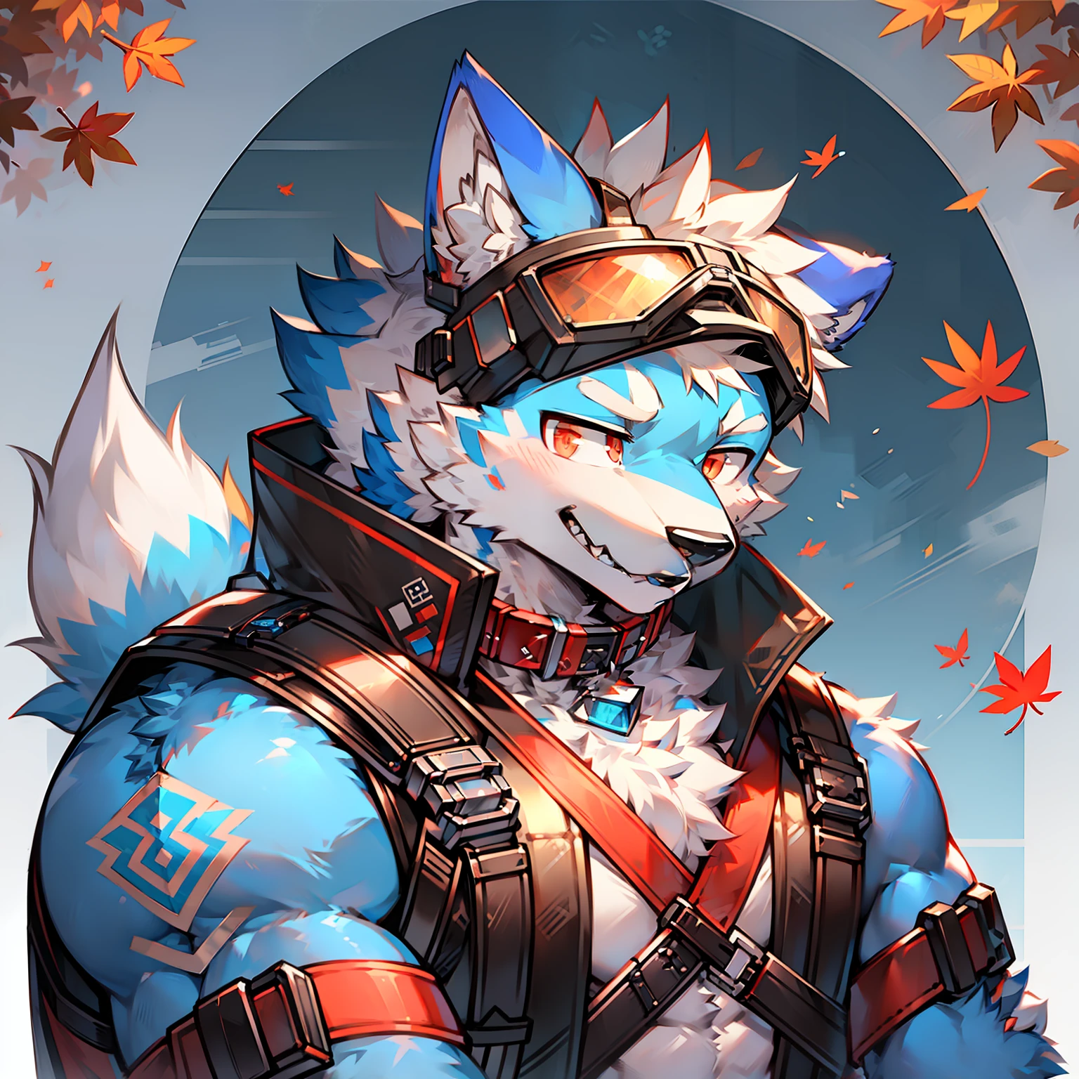 solo person,Furry,werecreature,Male white wolf,Blue fur,Blue tail,White ears,Blood-red eyes,Red collar,musculature,male people,Handsome,(The furry feeling of animal ears),Bring a gun,commando,rifles,cyber punk perssonage,Tech goggles,Maple leaves fall,autumnal