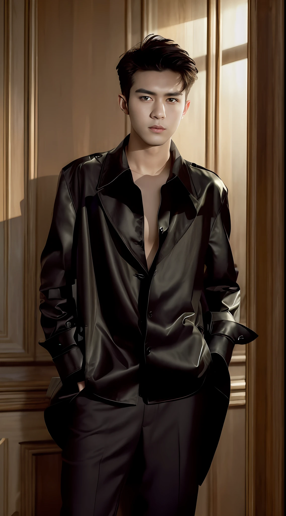 best quality, masterpiece, (photorealistic:1.4), 1youthful man,22 years-old, ultra high detail face,solo, short hair, big eyes, coat,long sleeves, upper body, dramatic lighting, Black glossy shirt,looking at viewer, standing, indoors, living room, tables, carpet, wooden floor, decorations, window, sunshin