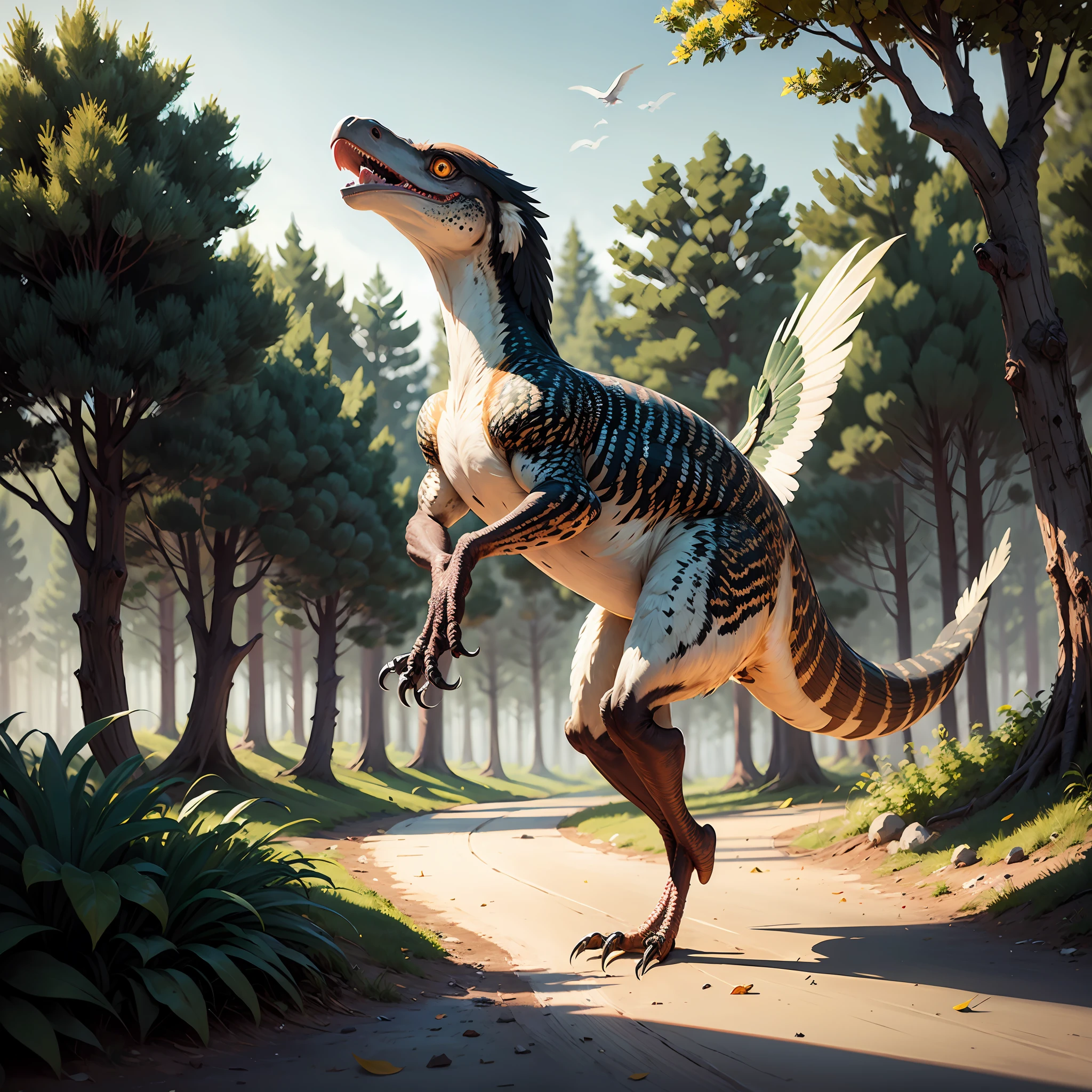 Sky, Forest, Feathered_dinosaur, velociraptor, side facining, roaring, sharp_talons, animal, realistic, high quality, nature, long_tail --auto