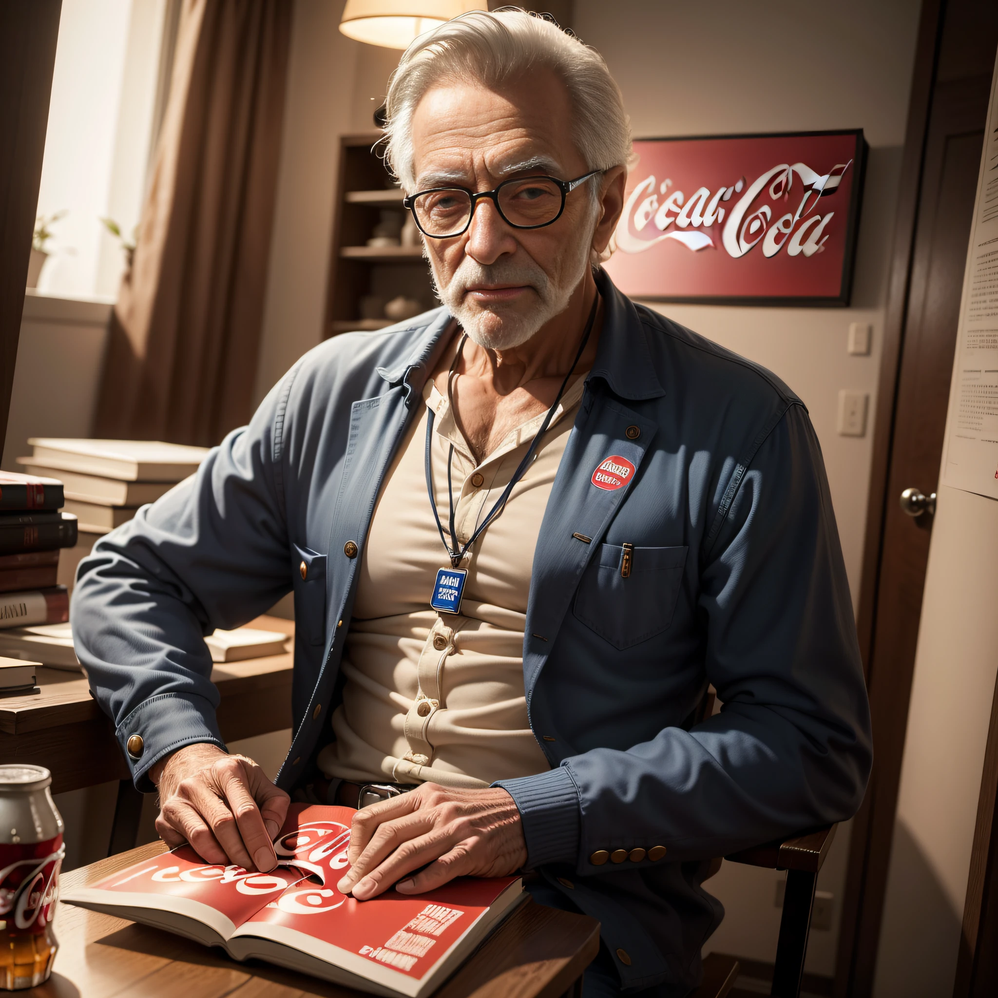 um homem de 70 anos, olhos azuis e detalhados com uniforme da coca cola , barba grisalha, de corpo inteiro, ultra detalhado de cinema, em um escritorio de negocios,