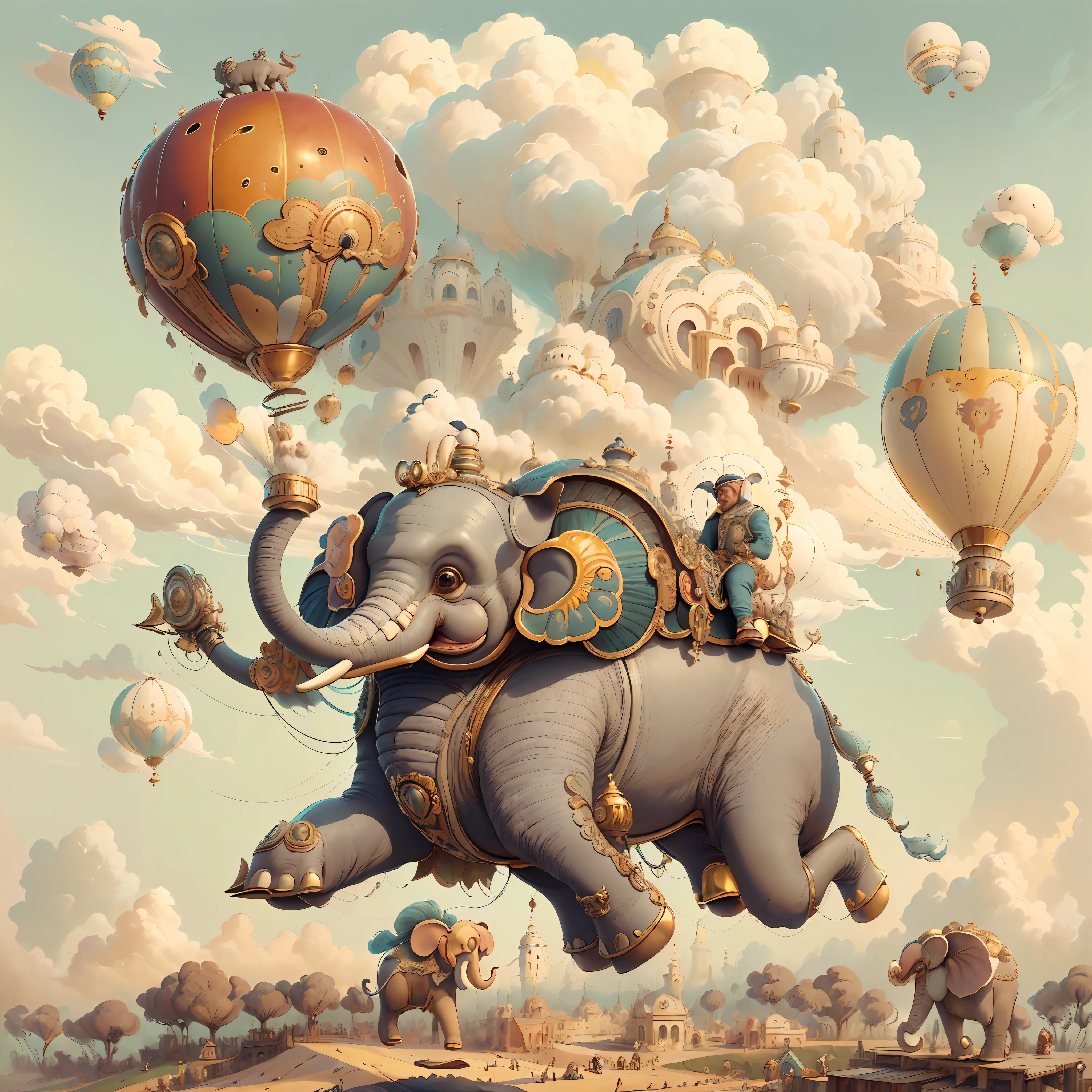 (((melhor qualidade)),, an illustration with an elephant-shaped airship (((elephant flying in the sky))), Hot steam balloons, Sky with fluffy clouds,,,((Indian monkeys in the sky)),,,(((macacos trajes indianos))),,, sharp foccus ilustration, finely detailed illustration, inspirado em Charles W. Bartlett, scientific illustration, vaca de profundidade, cauda de fluxo longo, full-colour illustration, Adepto de Silvergill, gravura em litografia colorida, por Charles W. Bartlett, an illustration of, jules julien, Tiago Collinson, por Tim Hildebrandt