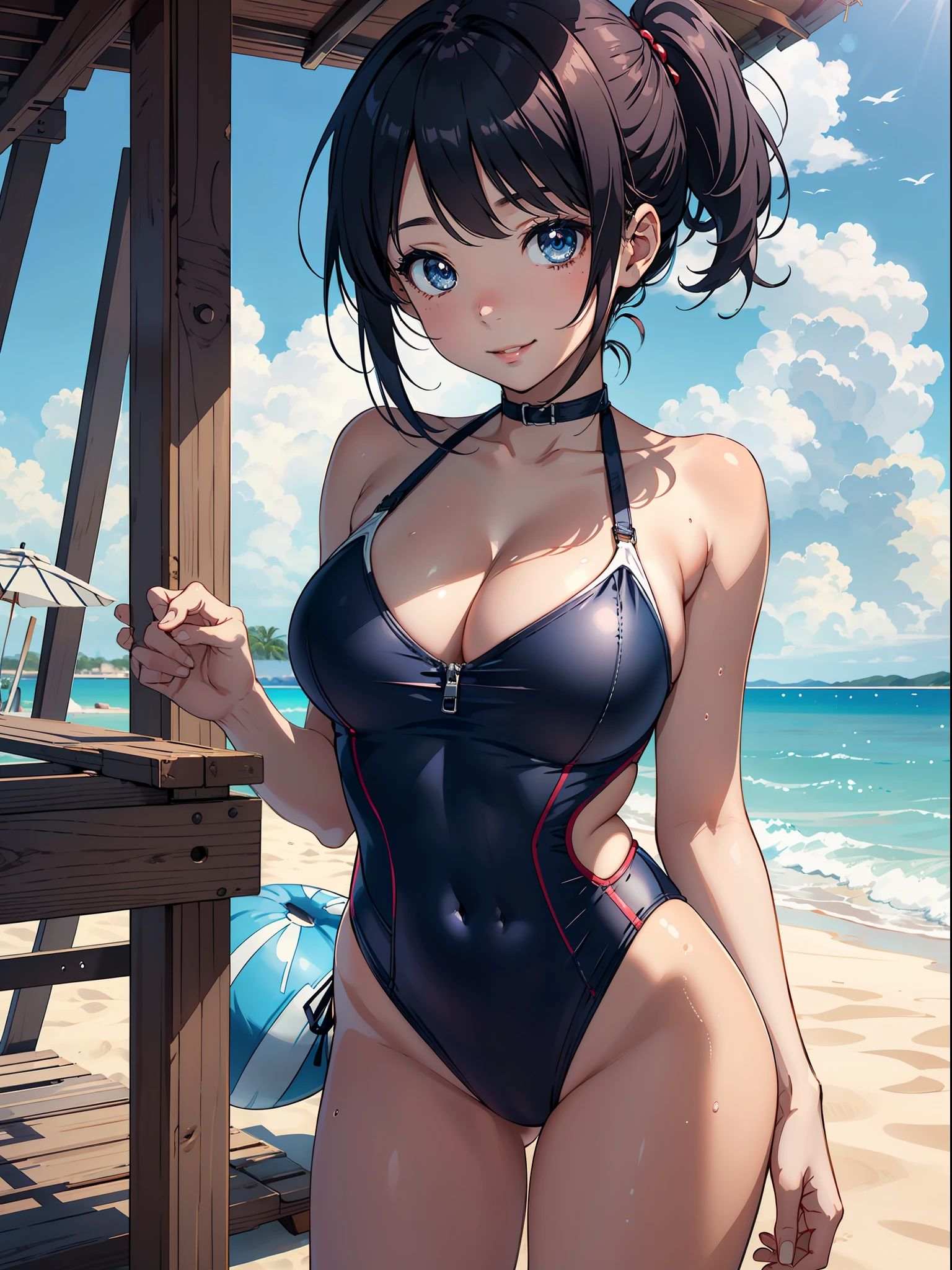 fine-textured CG, ((ultra detailed)), ((masterpiece)), (extremely detailed CG), outdoor, beach, 1girl LOLI 10 years, solo, smile, put your finger between your swimsuit and your skin, ((Pull up:1.2 crotch part of swimsuit)), ((strappy swimsuit)), Swimsuit crotch that bites into the, ((high-cut swimwear)), detailed eyes, dashed eyes, cute LOLI anime face, large breast, gleaming skin:1.2, standing, cowboy shot,