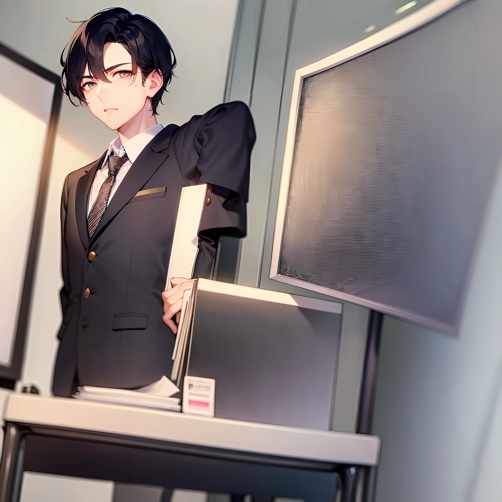 In his twenties，handsome and dashing，Sit in a bright office in a suit，There is a standing sign on the desk in front of me。The sign reads：Tear down the walls of your mind