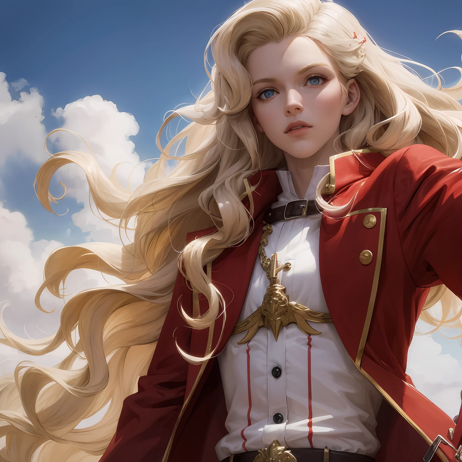 Redcoat,white skinned,blond hairbl,Big wavy hairstyle,Blue eyes,Look up,The upper part of the body,Need,tmasterpiece --auto