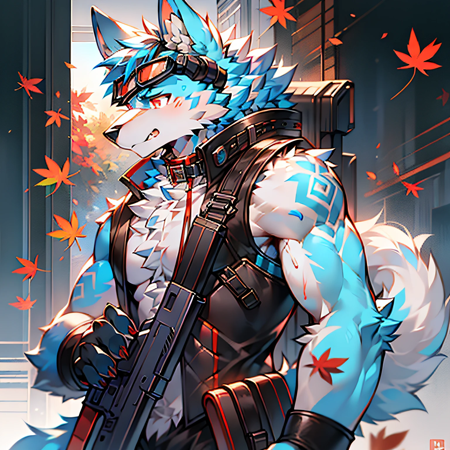 solo person,furry,werecreature,Male white wolf,Blue fur,Blue tail,White ears,Blood-red eyes,Red collar,musculature,male people,Handsome,(The furry feeling of animal ears),With a firearm,commando,rifles,cyber punk perssonage,Tech goggles,Maple leaf falling,autumnal,Take the maple leaf