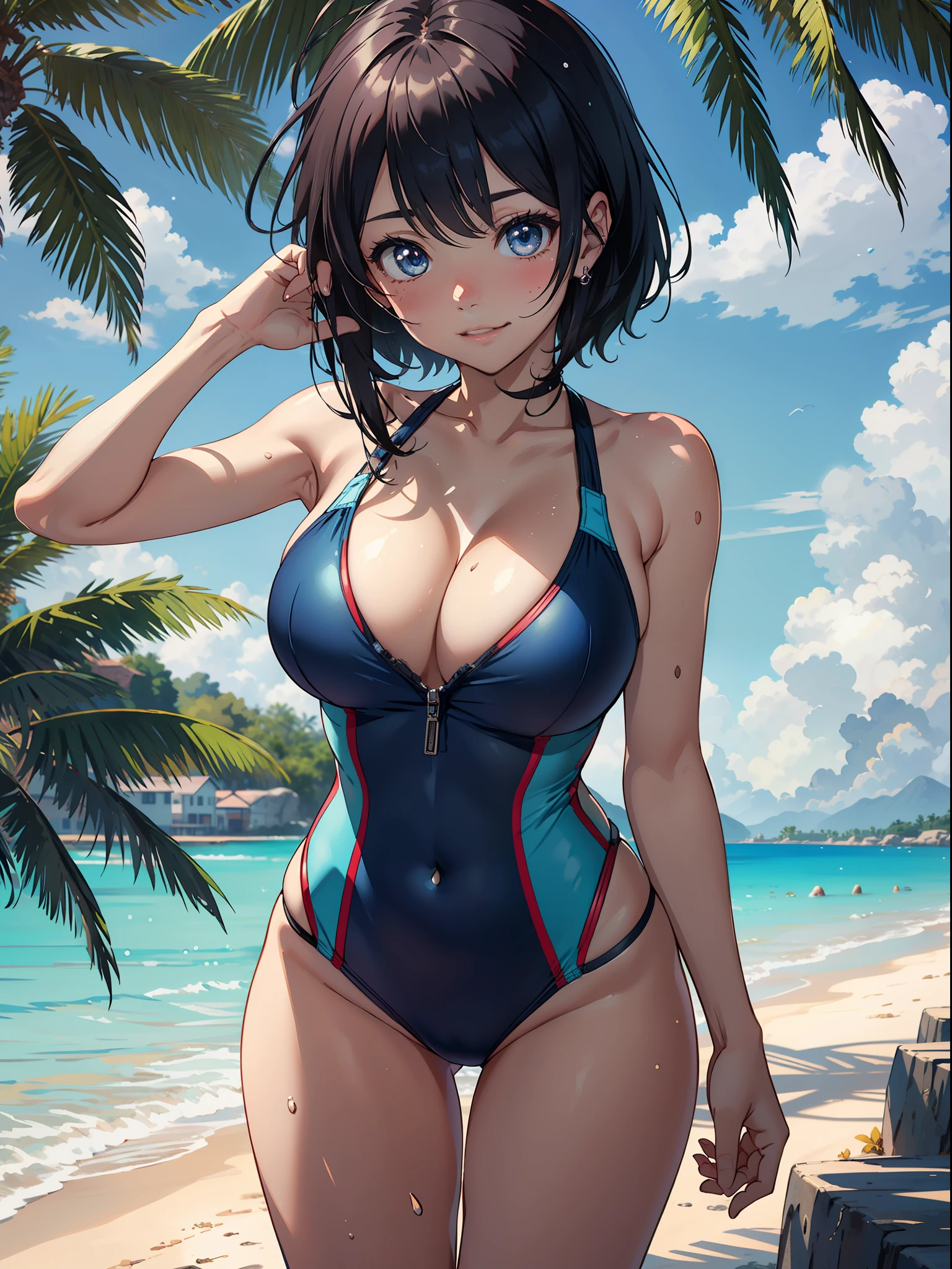 fine-textured CG, ((ultra detailed)), ((masterpiece)), (extremely detailed CG), outdoor, beach, 1girl LOLI 10 years, solo, smile, put your finger between your swimsuit and your skin, ((Pull up:1.2 crotch part of swimsuit)), ((strappy swimsuit)), Swimsuit crotch that bites into the, ((high-cut swimwear)), detailed eyes, dashed eyes, cute LOLI anime face, large breast, gleaming skin:1.2, standing, cowboy shot,