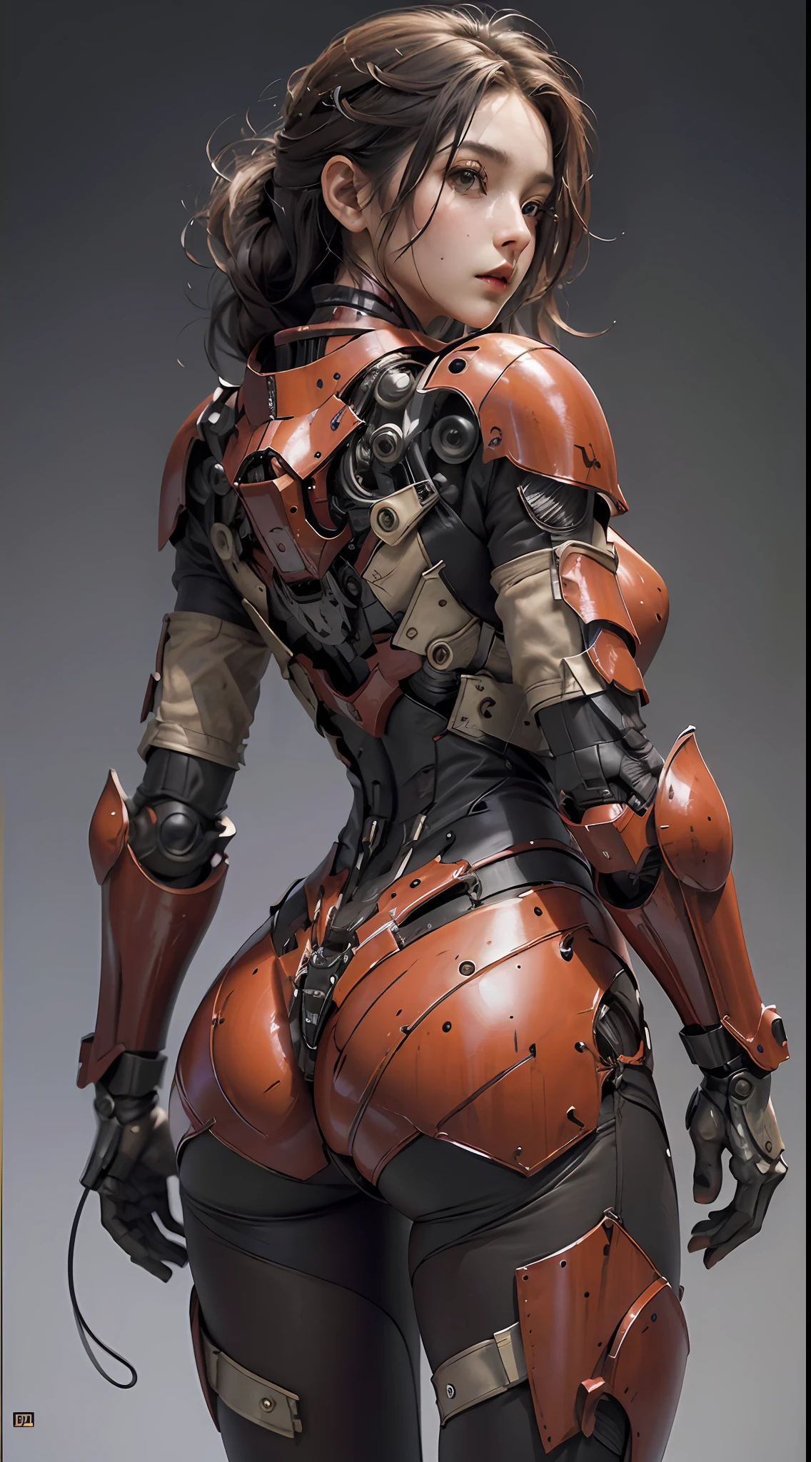 (Masterpiece), (Best quality), Photorealism, Realistic, Ultra detailed, Perfect face, Perfect body, 1girll, Beautiful girl, Girl in red armor, Mechanical armor, exoskeleton, Stand, Cool pose, Sexy, Watching from behind
