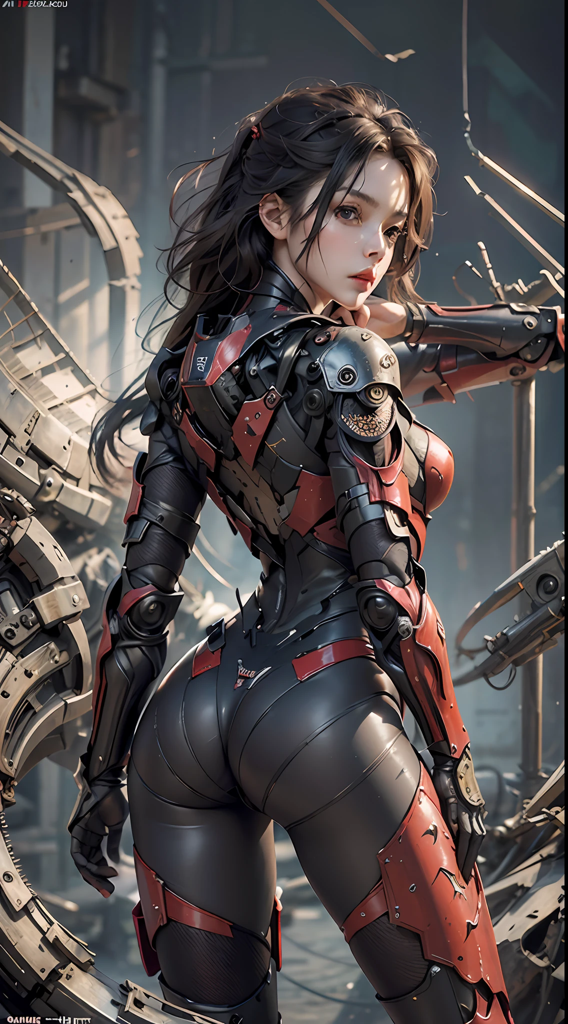 (Masterpiece), (Best quality), Photorealism, Realistic, Ultra detailed, Perfect face, Perfect body, 1girll, Beautiful girl, Girl in red armor, Mechanical armor, exoskeleton, Stand, Cool pose, Sexy, Watching from behind
