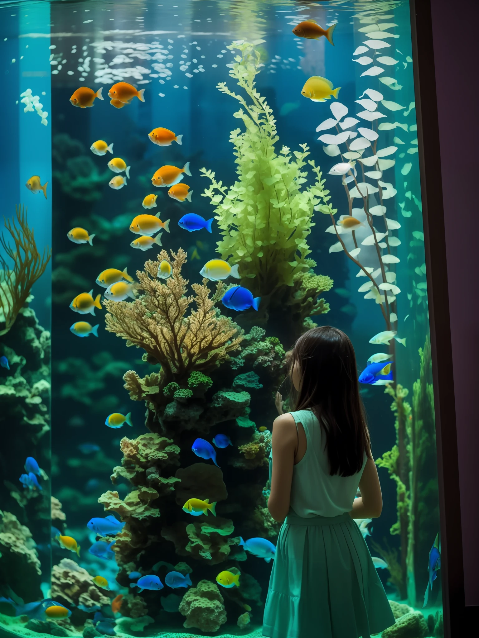 there is a woman standing in front of a fish tank, aquarium, big aquarium, standing under the sea, you see fishes, aquarium life, fishes floating in bedroom, unsplash contest winning photo, see fishes swimming, taken in 2 0 2 0, school of fishes, fish tank, okinawa churaumi aquarium, photo of a beautiful, underwater photo, beautiful!!!! museum photo, arms crossed in front.