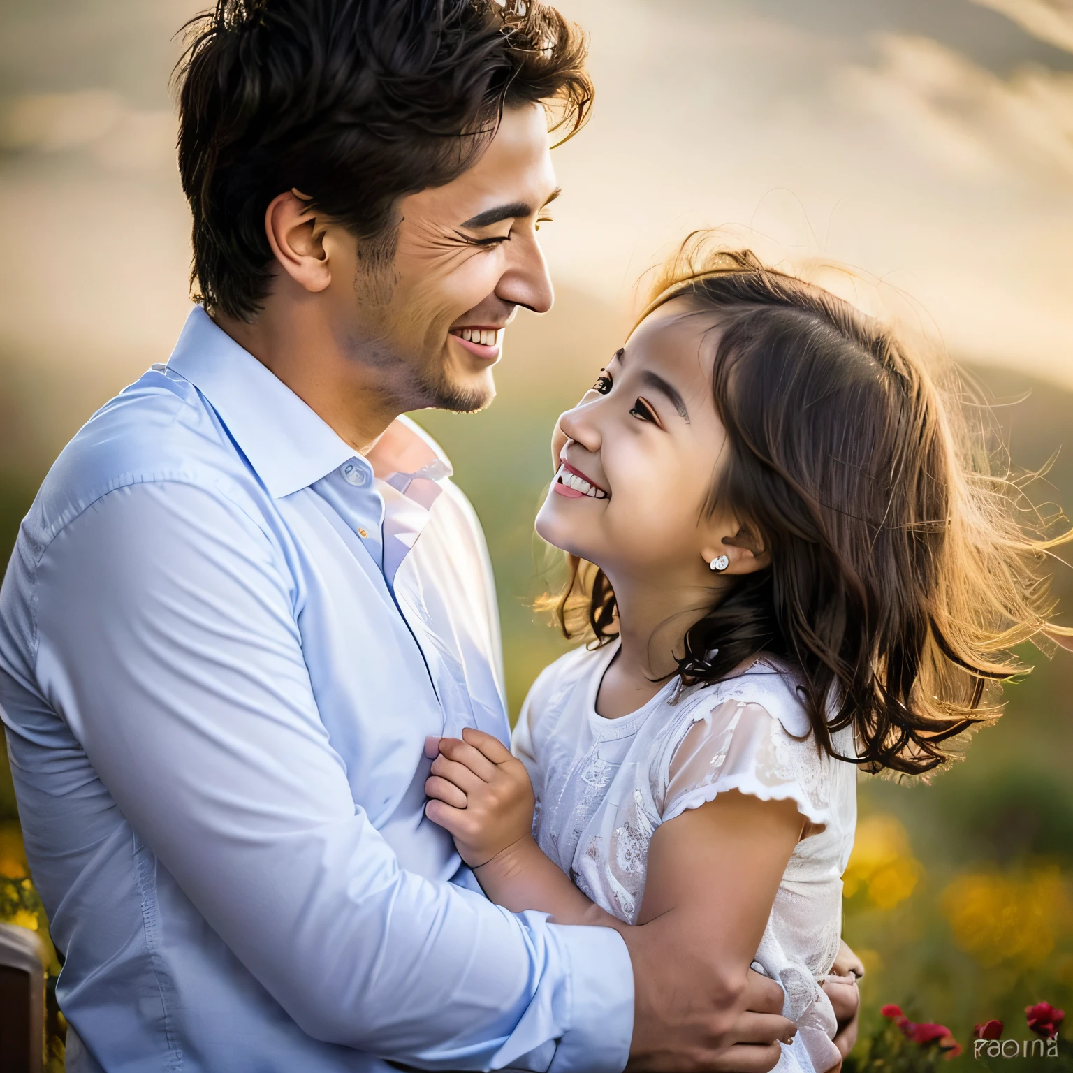 fotografia do pai sorrindo e feliz com o filho, realista