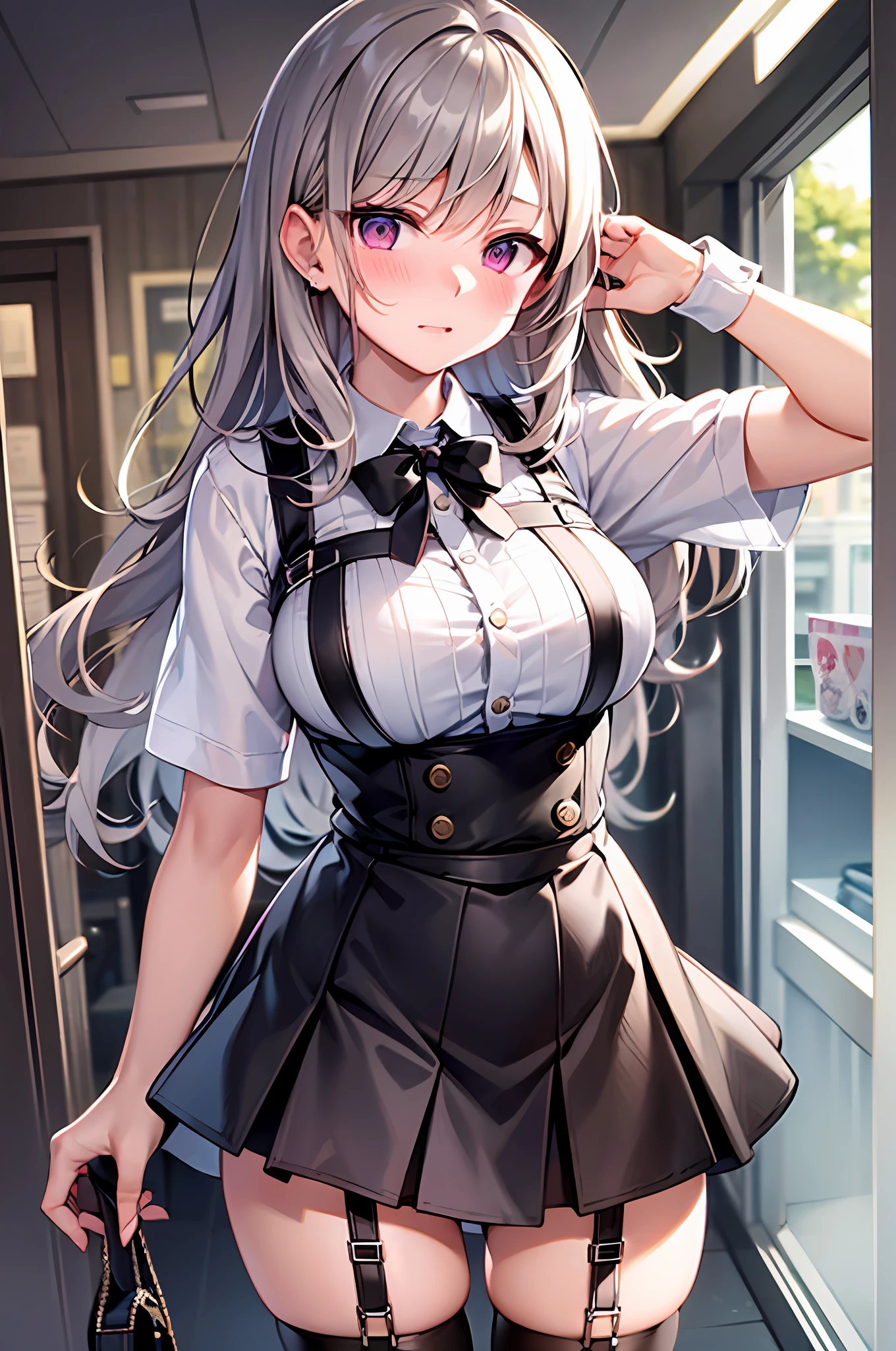 Best Quality, ultra-detailliert, very detailed illustration, silber hair, Aimei, embarrassed from，breastsout，((Suspender Skirt))，red blush，Black tie，Be undress，suspenders、skirt by the、Casual clothing，Maids