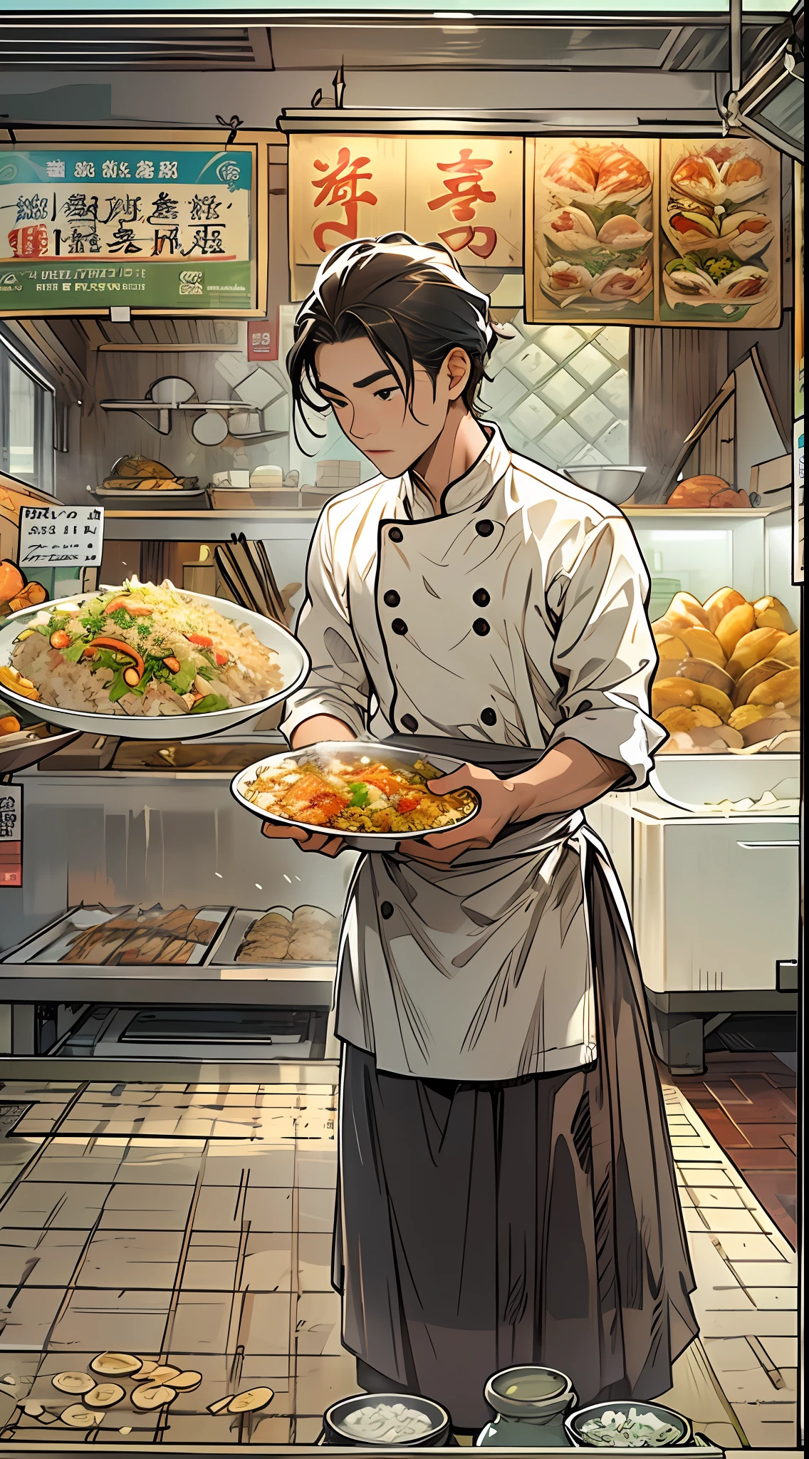 A young and promising male chef stands in front of the stall, filled with delicious fried rice but obviously expensive. No one comes to the stall, and the man looks helpless. ,in the style of the stars art group xing xing, 32k, best quality, masterpiece, super detail, high details,