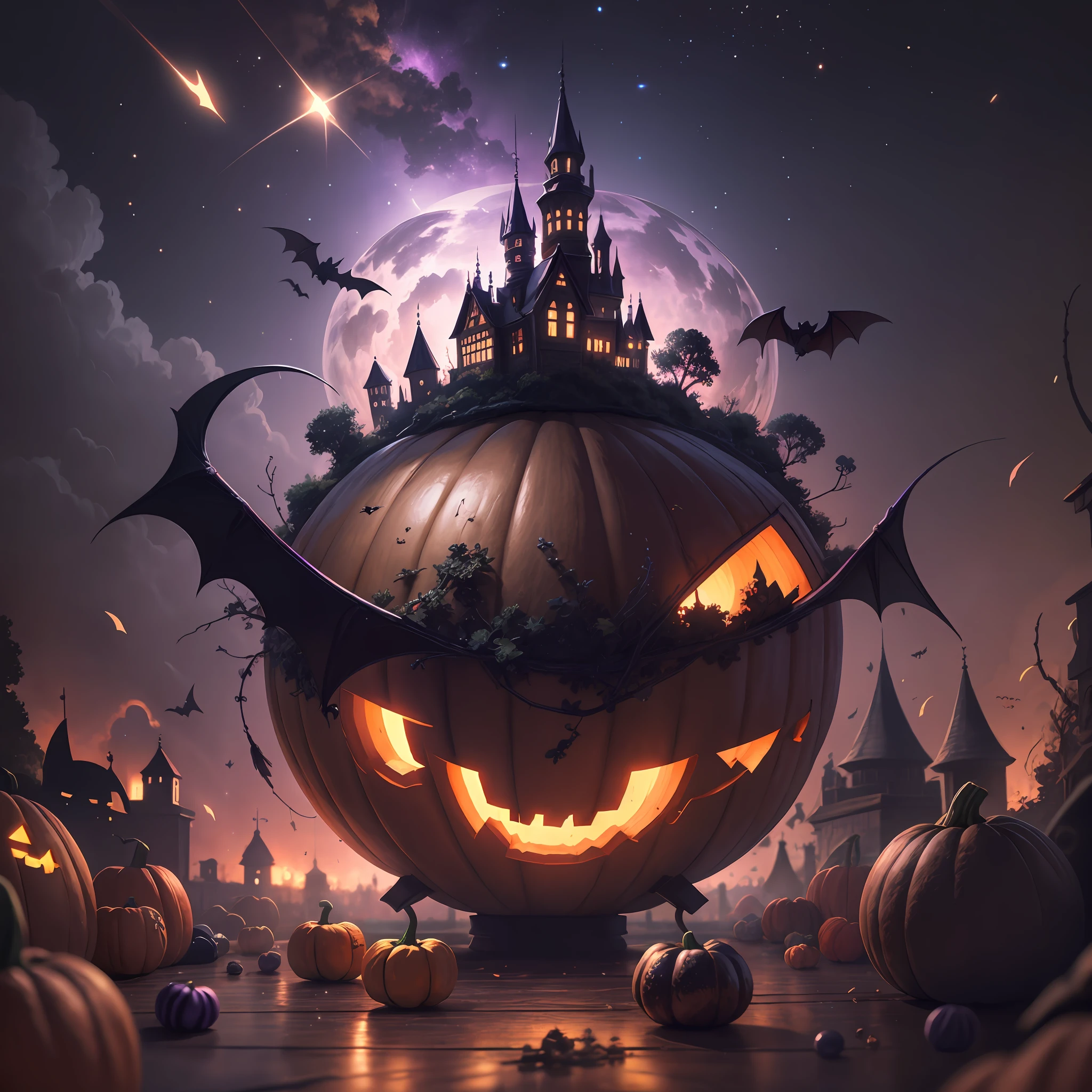 neo-classical, conceptual art, Ray tracing, Sparkle, Ultra-wide angle, kanon, f/4.0, hyper HD, 巨作, Best quality, A high resolution, Award-Awarded, 16k,Alchemy,steampunc,pumpkins,the bats,Flying broom,Purple sky,
