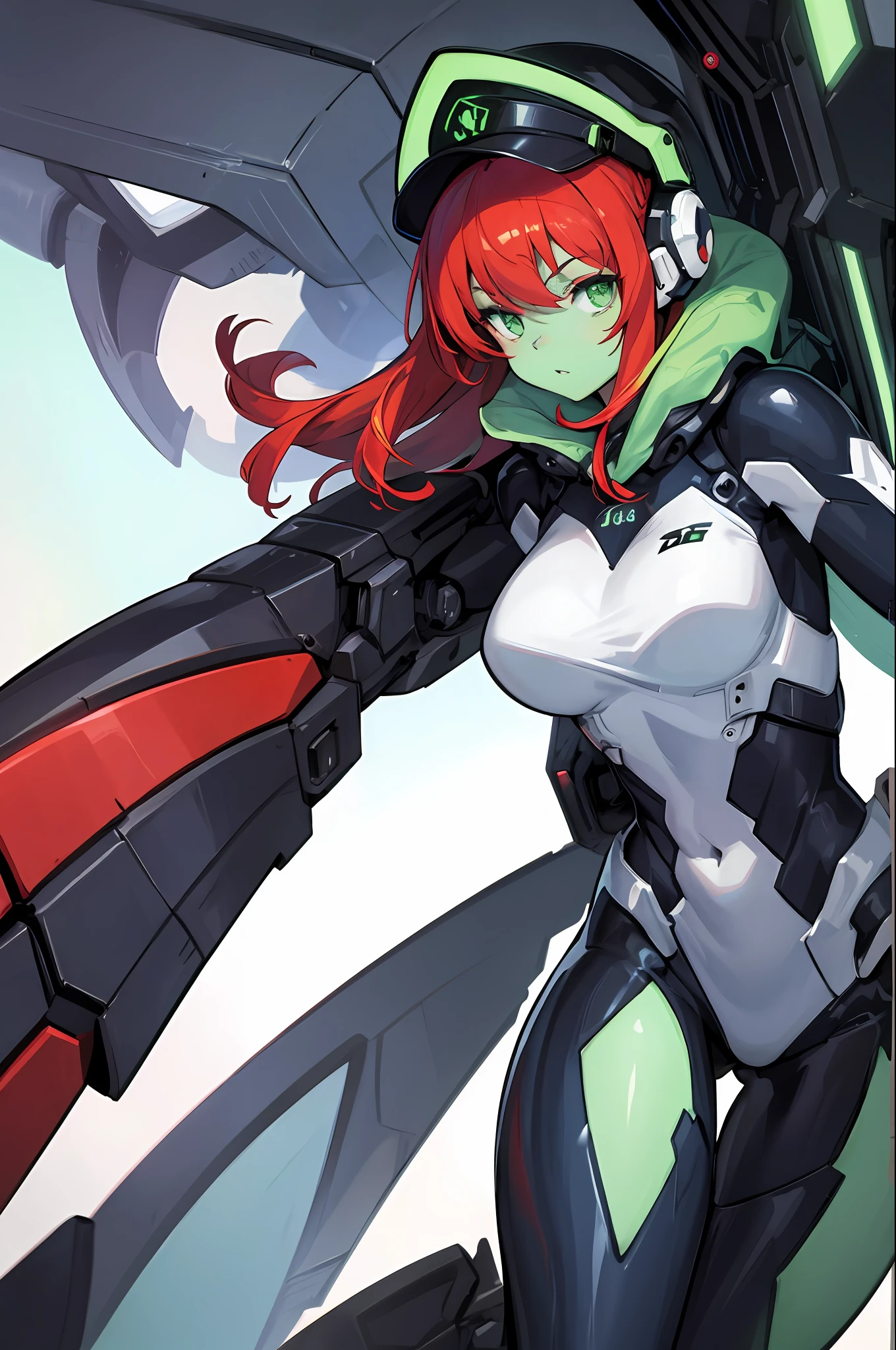Girl with green skin,Wearing a mecha suit,redheadwear,