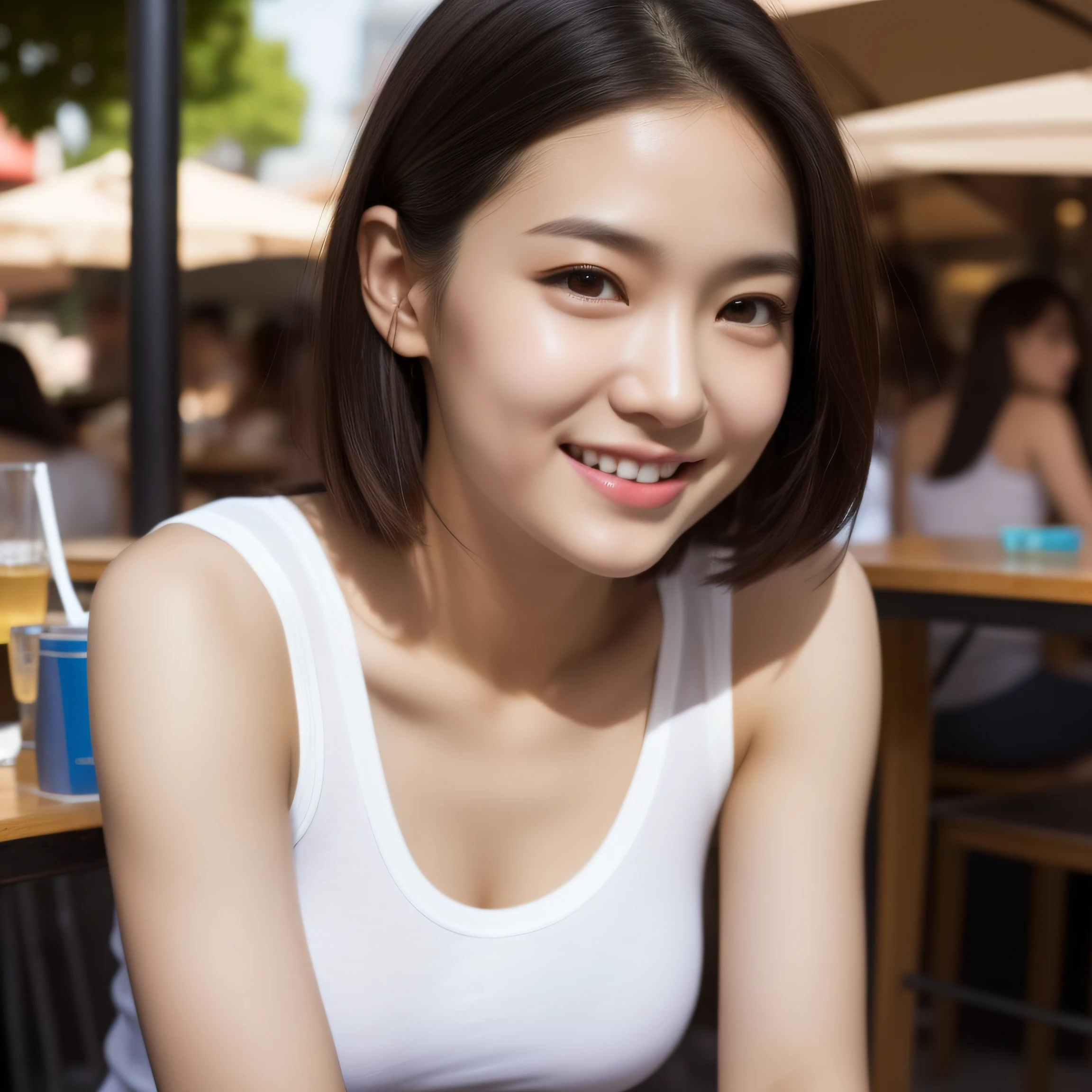 ultra-detailed, 1 girl, Asian, athletic body, realistic skin texture, long hair, (breasts:0.9), (smile:0.8), gaze at viewer, cropped T-shirt, skinny T-shirt, tight tank top, micro mini skirt, movie lighting, face focus, fine eyes, detailed face, well lit face, sunny day, outdoor cafe in background, nice thighs