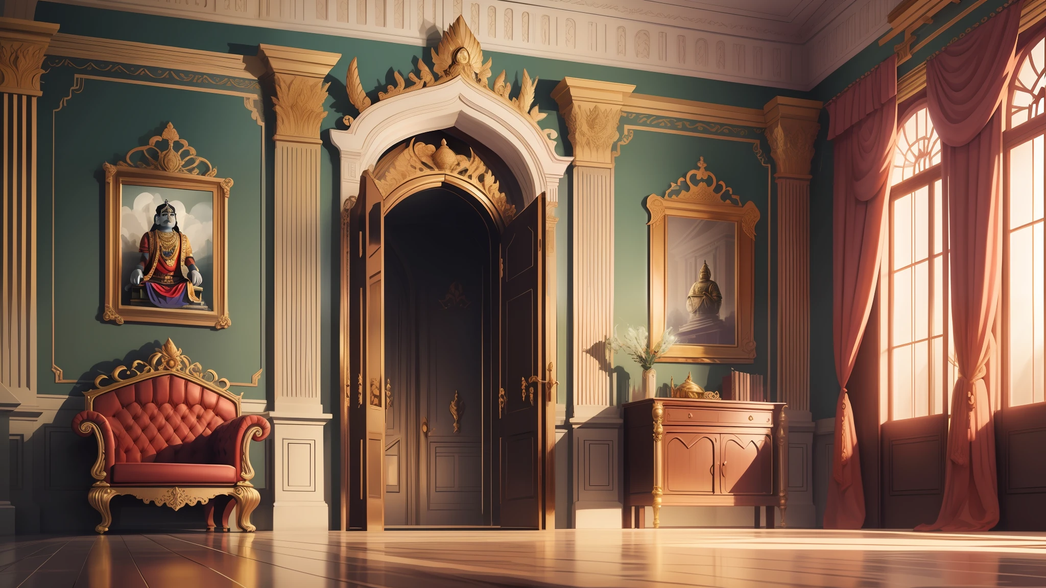 A indian gods royal place with a throne , very royal throne in a royal room in cartoon the room is empty