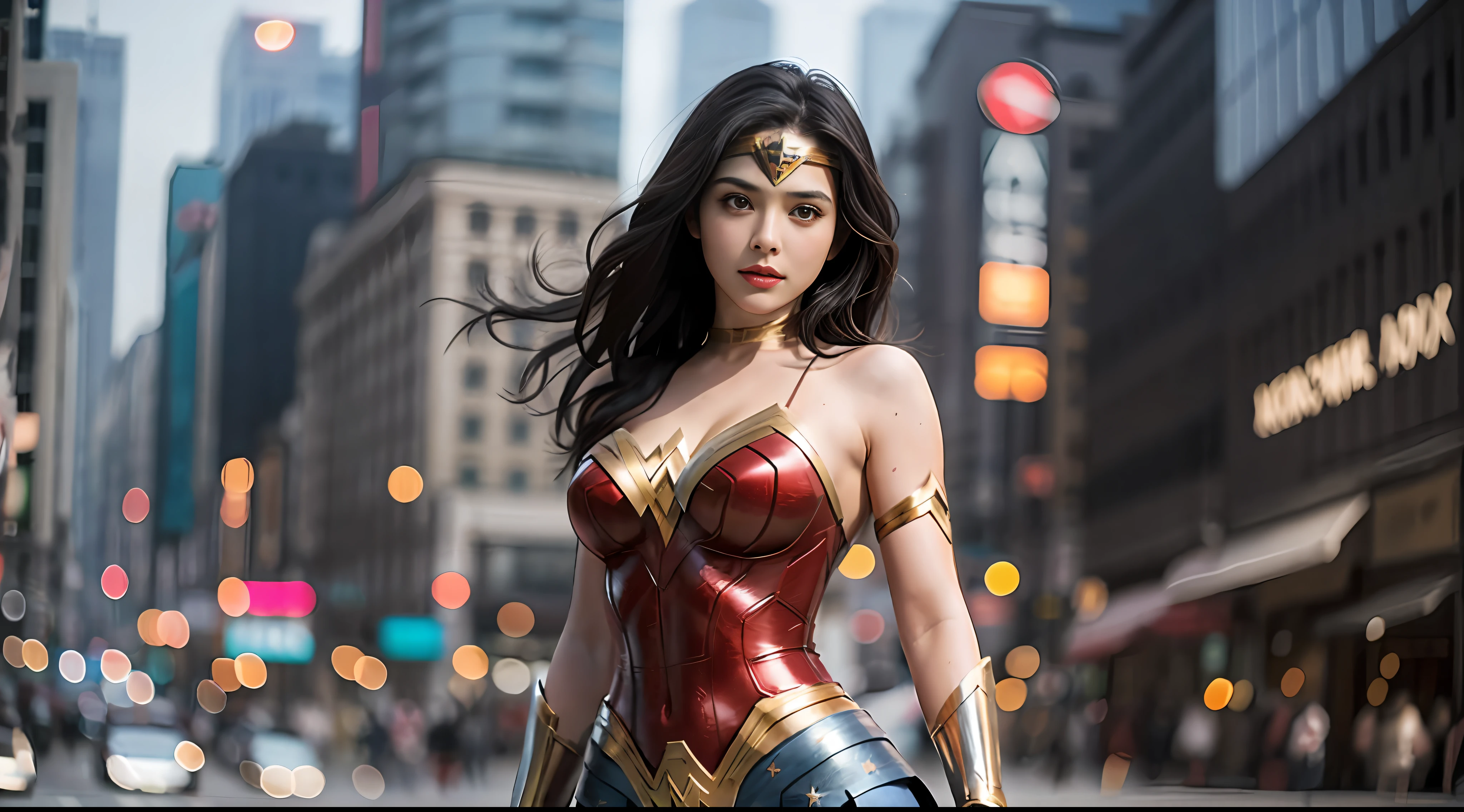 best quality, 1girl, solo, wonder woman, breasts, looking at viewer, upper body, black hair, brown eyes, cityscape, blurry background,