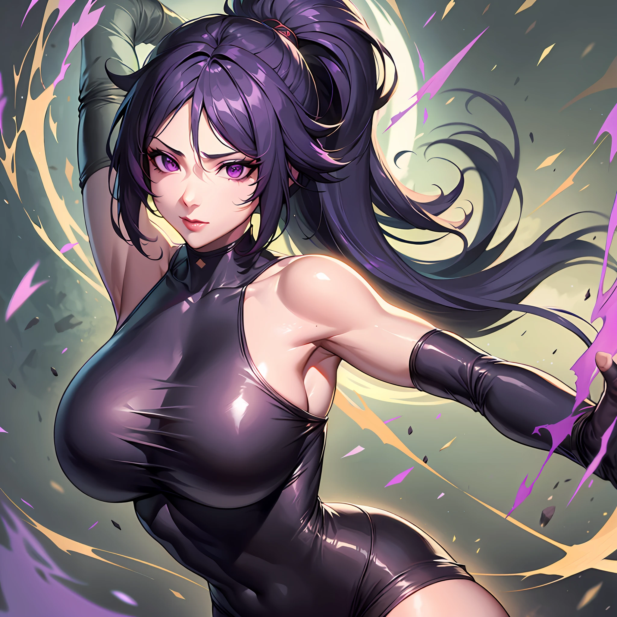 8k high definition, Yoruichi huge natural breasts, ninja body suit, battle pose, black hair, dual katanas on back