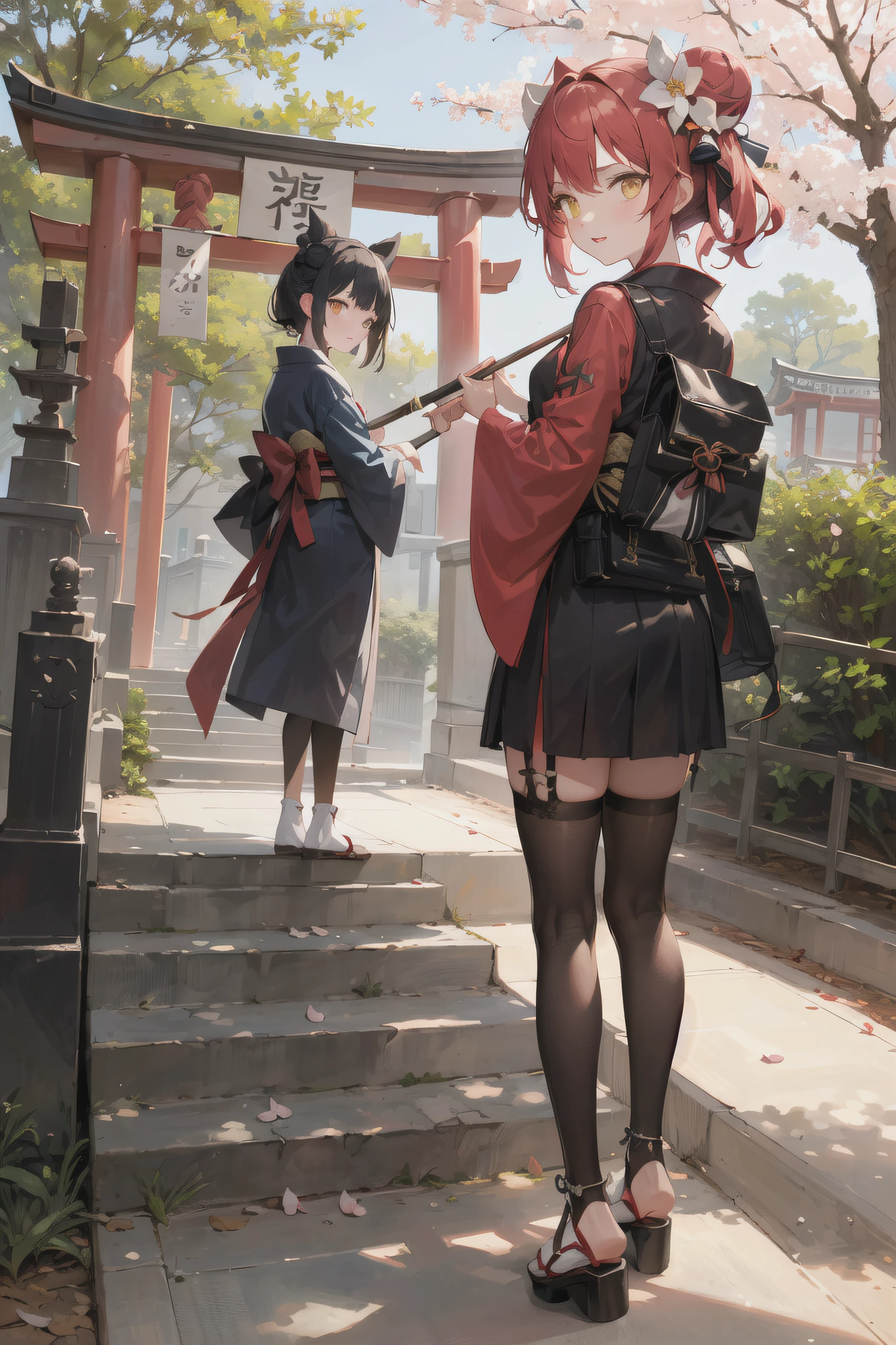 ((masterpiece,best quality)),2girls, black kimono, black legwear, black ribbon, black hair, cherry blossoms, day, flower, hair bun, hair ribbon, japanese clothes, kimono, long hair, looking at viewer, looking back, multiple girls, obi, outdoors, red eyes, red hair, ribbon, sandals, single hair bun, stairs, standing, statue, torii, tree, white kimono, yellow eyes