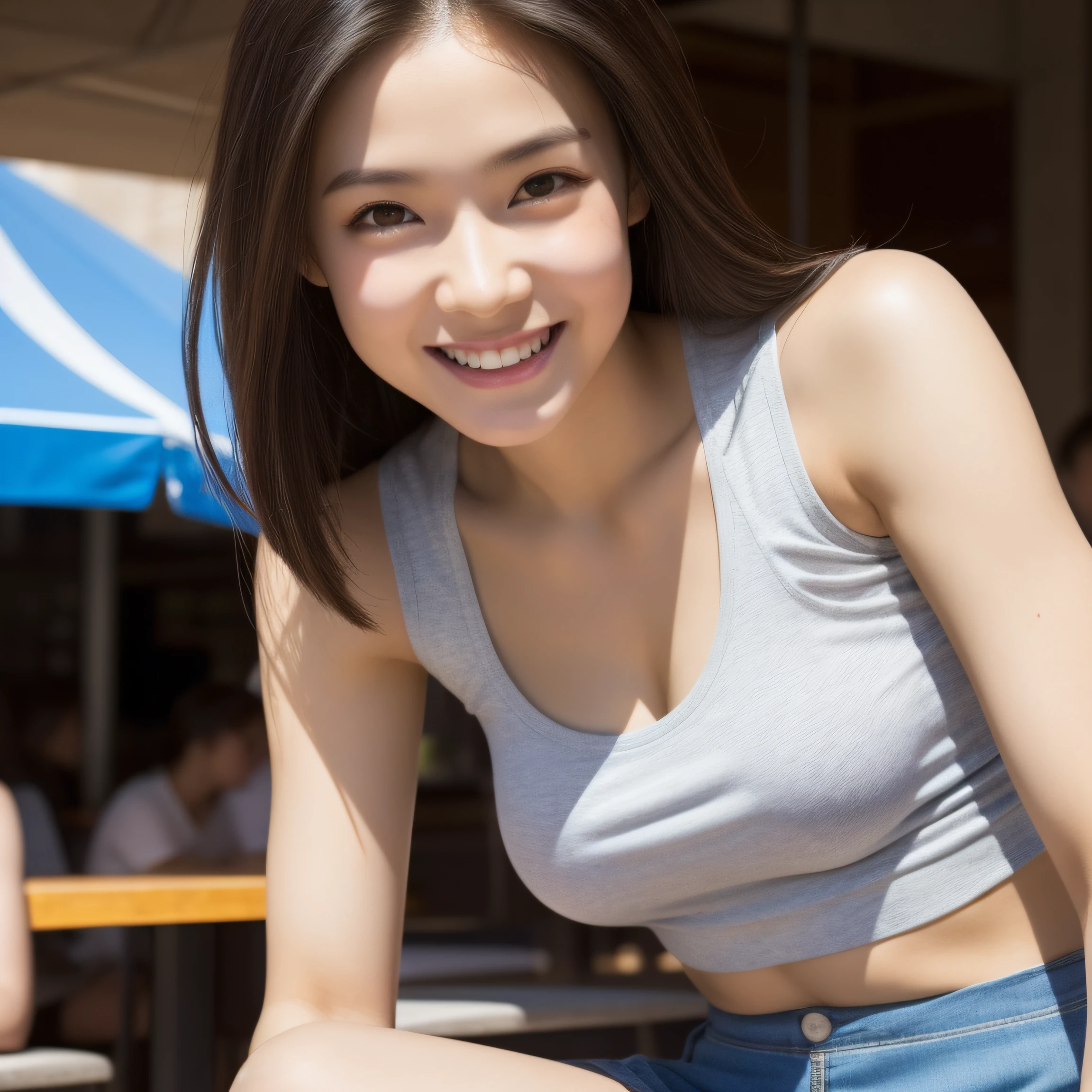 ultra-detailed, 1 girl, Asian, athletic body, realistic skin texture, long hair, (breasts:0.9), (smile:0.8), gaze at viewer, cropped T-shirt, skinny T-shirt, tight tank top, micro mini skirt, movie lighting, face focus, fine eyes, detailed face, well lit face, sunny day, outdoor cafe in background, nice thighs