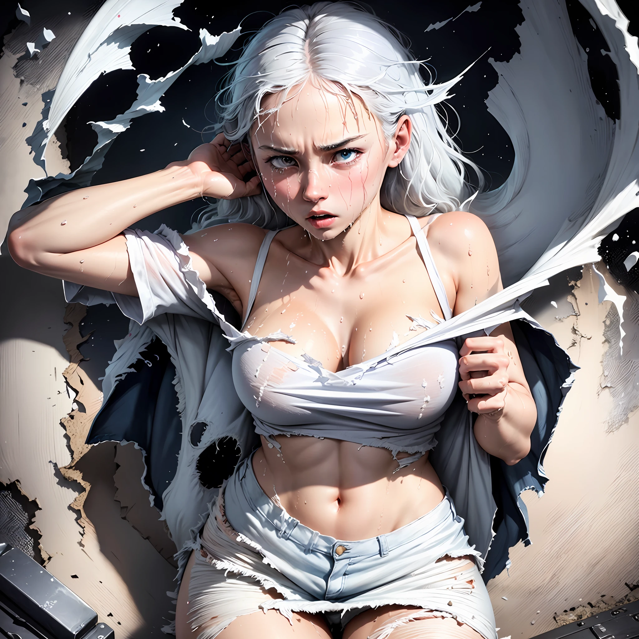 best image quality, masterpiece, super high resolution, (fidelity:1.4), photo, 1 girl, white shirt, torn jeans, white sneakers, dim, darkness, despair, pity, poor, movie, tears, teardrops, (torn clothes:1.5), (wet clothes:1.4), bare shoulders, real rain, wet hair,..