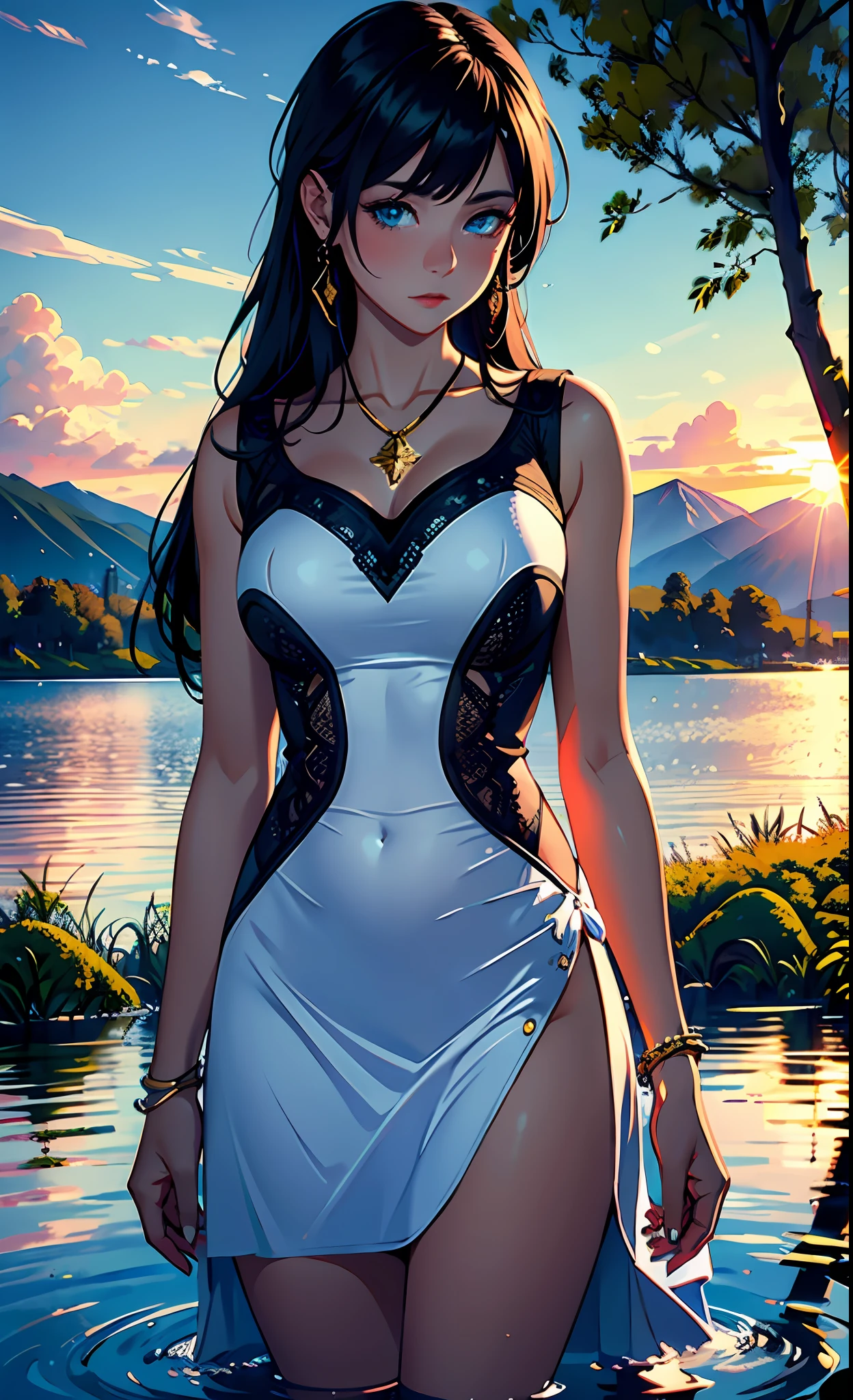 1 girl, serene expression, mesmerizing eyes, straight long hair, flowing dress, poised posture, porcelain skin, subtle blush, crystal pendant
BREAK
golden hour, (rim lighting):1.2, warm tones, sun flare, soft shadows, vibrant colors, painterly effect, dreamy atmosphere
BREAK
scenic lake, distant mountains, willow tree, calm water, reflection, sunlit clouds, peaceful ambiance, idyllic sunset, ultra detailed, official art, unity 8k wallpaper
, zentangle, mandala