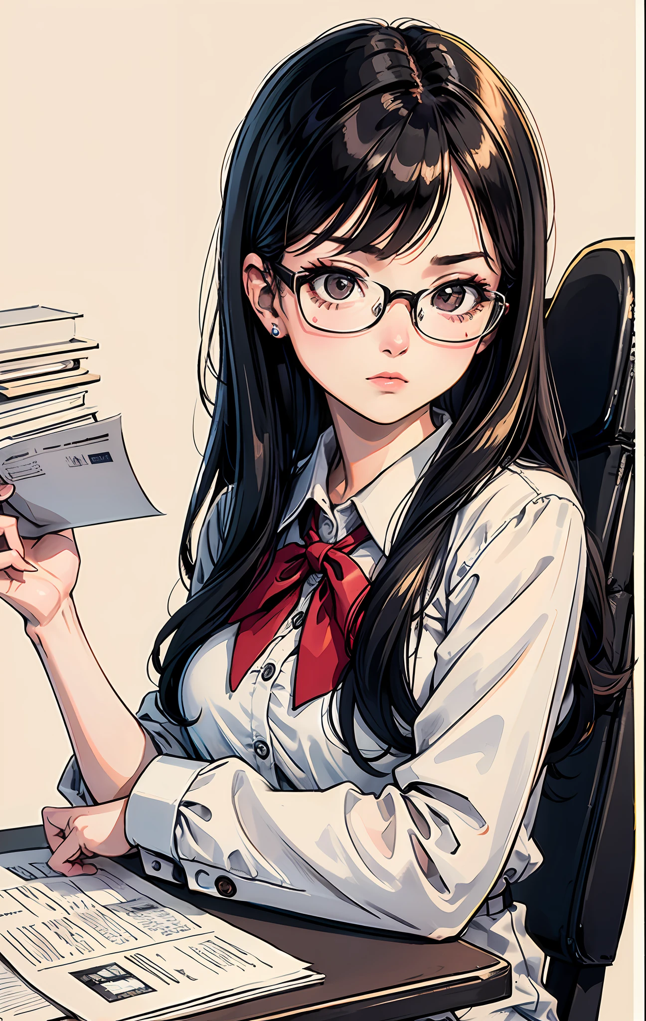 mulher jovem de 28 anos, morena, (realista), cabelos negros e cacheados, wearing prescription glasses, with a serious expression, wearing 80's office clothes, in a surrealistic setting, colorido, em papel pulp, enquadramento americano, Canon 5D Mark IV