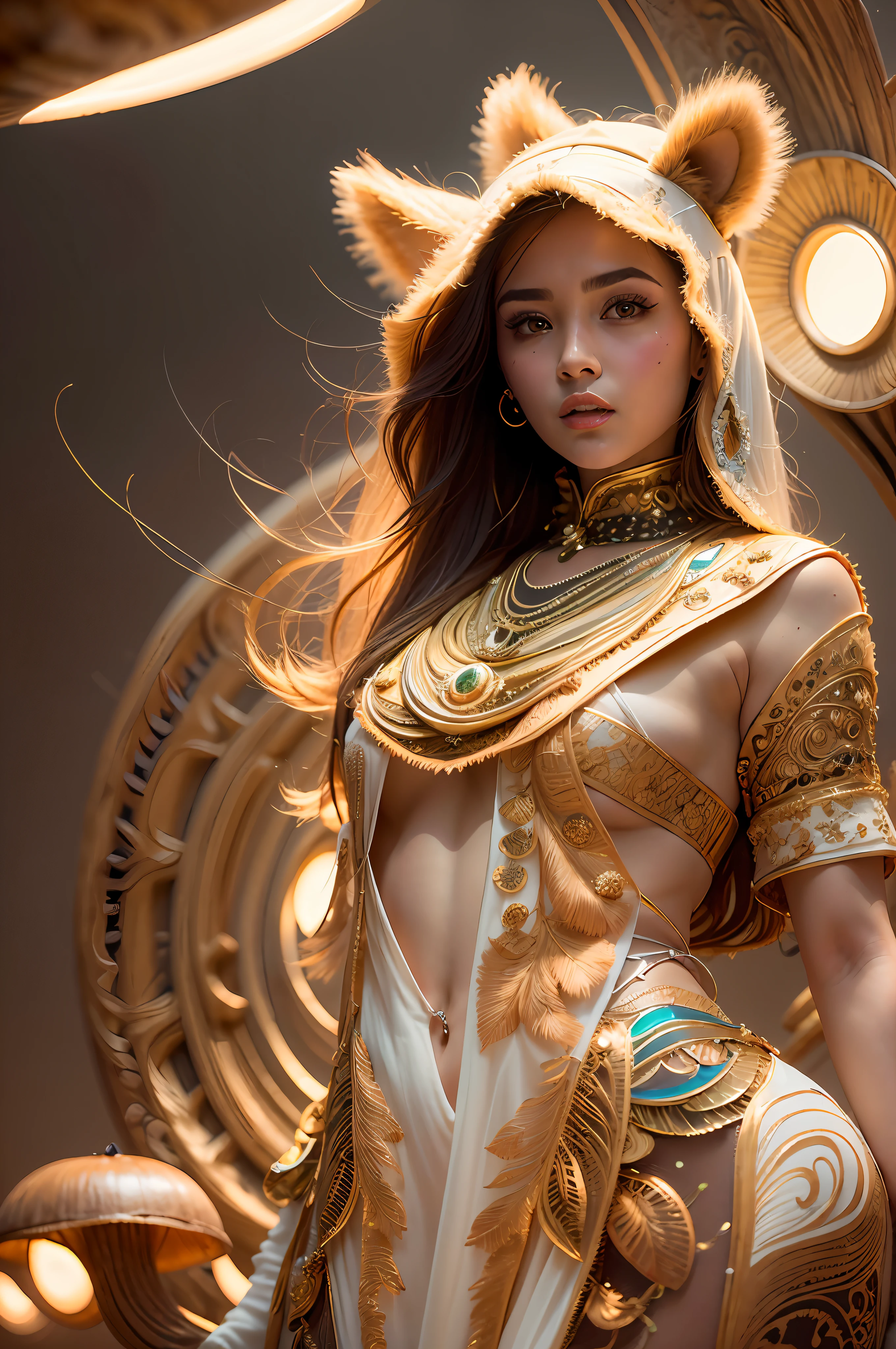 (Best Quality)), ((巨作)), ((Realistic)), (Detailed), Reflective white light: 1.5, bright orange texture: 1.3, 1 Beautiful young woman in a camel suit, sexy, From top to bottom of the shot, Lots of glowing neon mushrooms, mandala, Cinematic, sharp, Ray tracking, glow, illumination