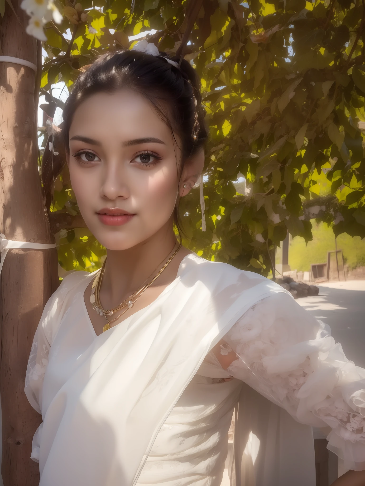 there is a woman in a white dress standing by a tree, indian girl with brown skin, a beautiful woman in white, traditional beauty, with brown skin, taken in the early 2020s, around 1 9 years old, a beautiful young woman, photo of young woman, light skinned african young girl, portait image, a stunning young ethereal figure