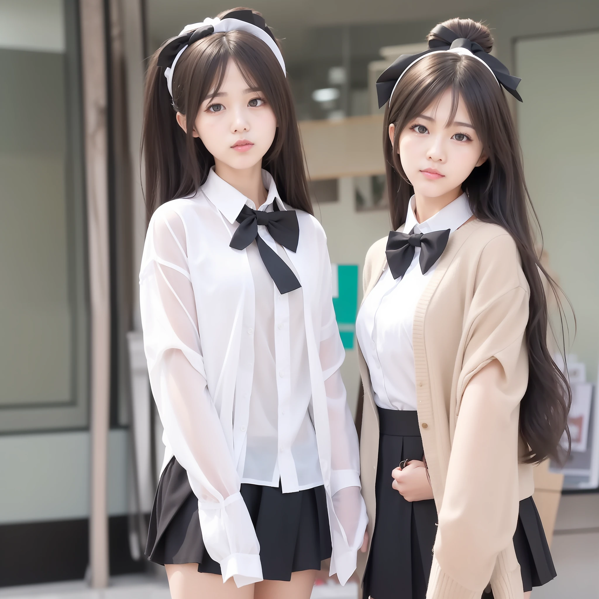 Close-up of a woman in a white shirt and black bow tie, ulzzangs, white hime cut hairstyle, Korean girl, smooth white tight clothes suit, sakimichan, cute kawaii girls, Asian girl with long hair, young and cute girl, black hime cut hair, Anime girl in real life, japanese girl school uniform,Superskirt,