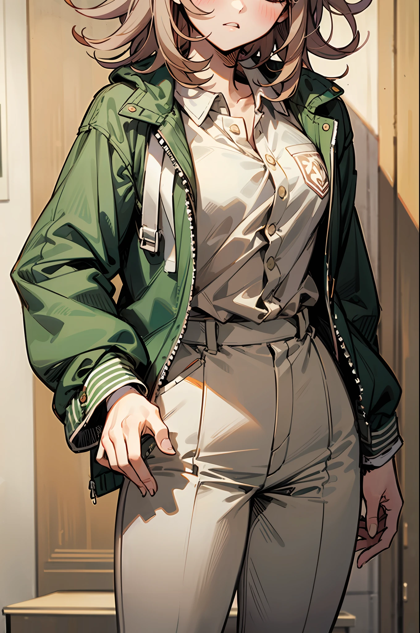 Danganronpa,(Chiaki Nanami),​masterpiece,Perfectly clean face,Explosive garments,Perfectly pretty face,blush,student clothes,beige hair,Medium Hair,