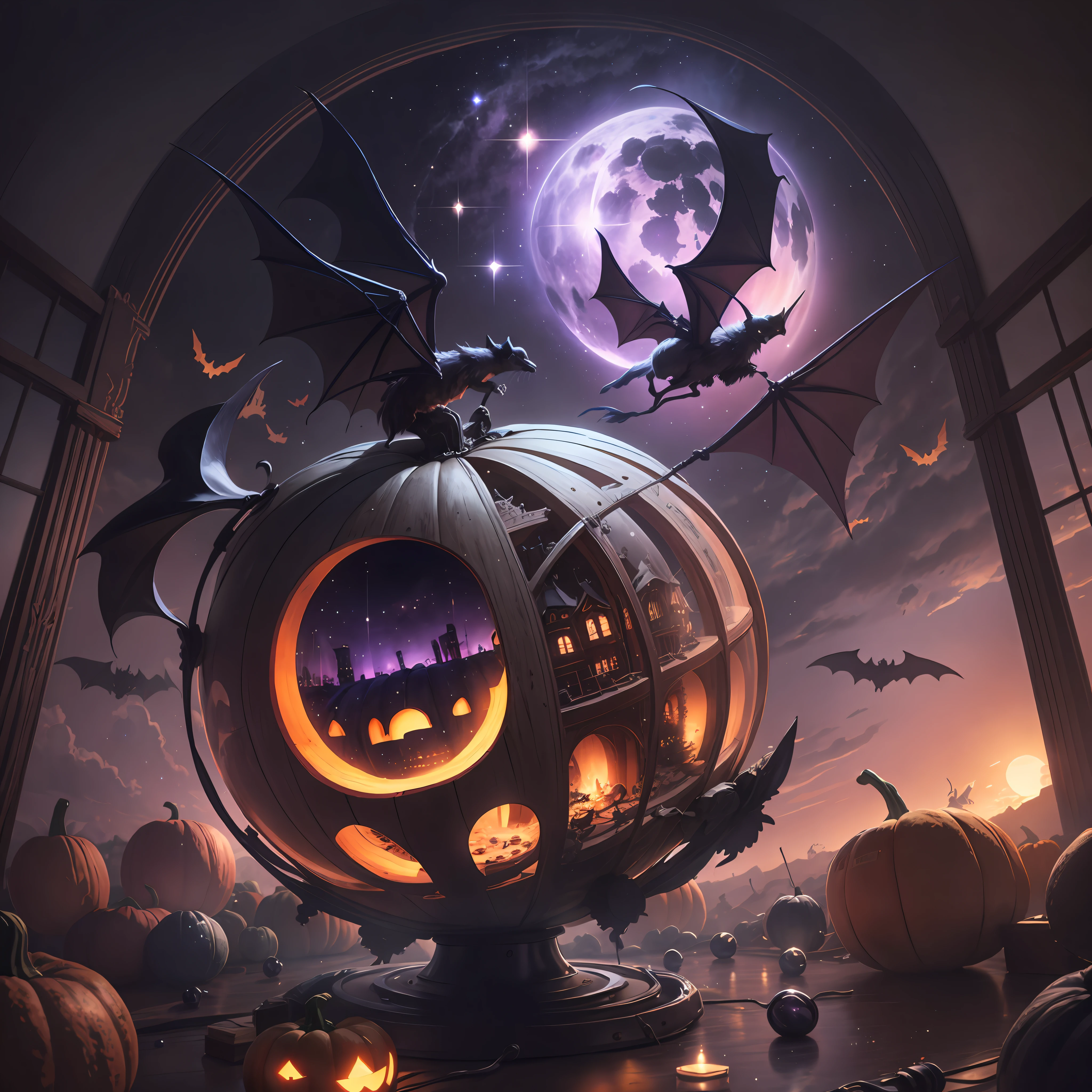 neo-classical, conceptual art, Ray tracing, Sparkle, Ultra-wide angle, kanon, f/4.0, hyper HD, 巨作, Best quality, A high resolution, Award-Awarded, 16k,Alchemy,steampunc,pumpkins,the bats,Flying broom,Purple sky,