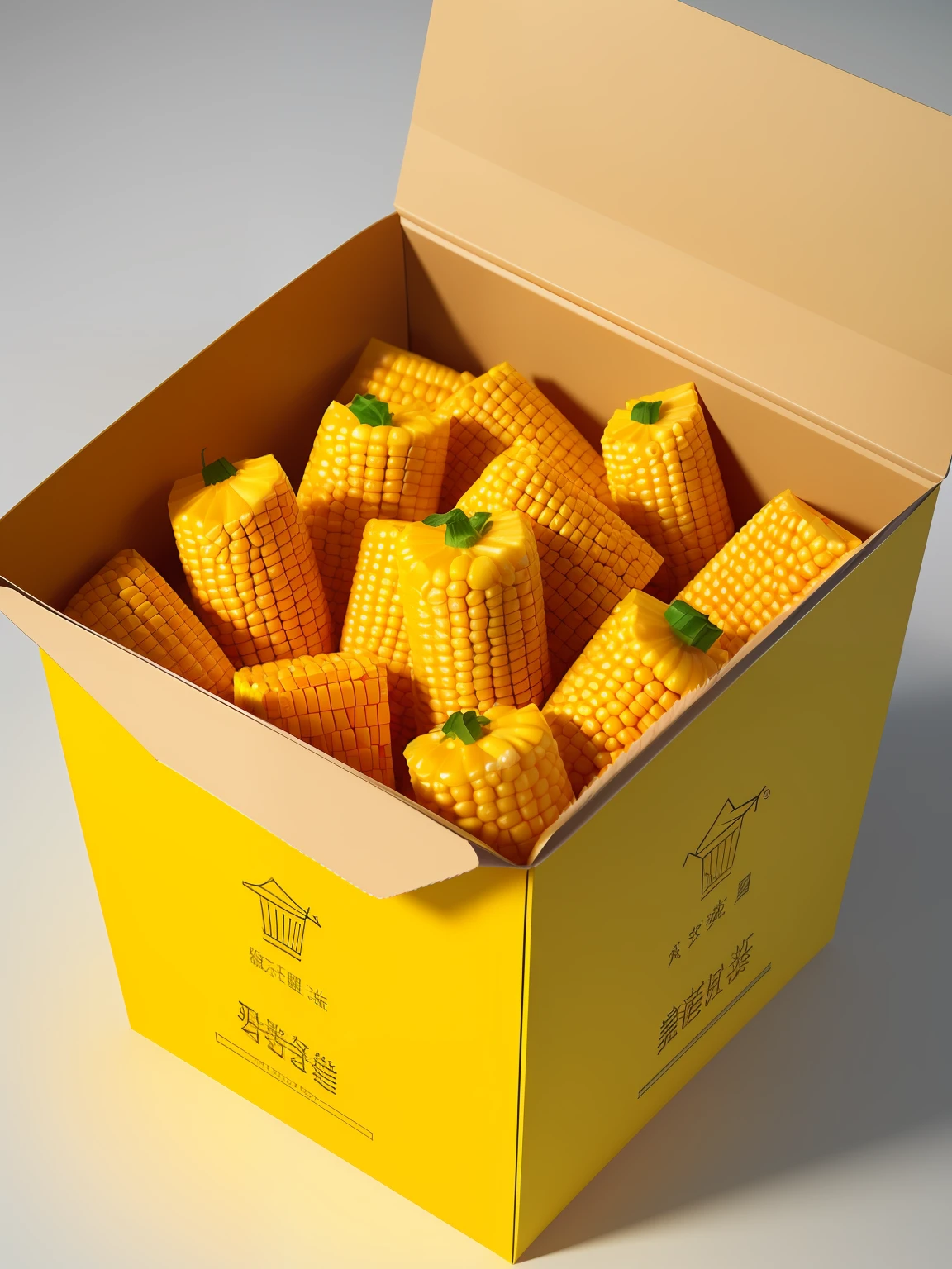 packaging design,Carton gift box,Ten corns per carton,China-style, Packed corn,nachos,illustration,Wrap,handle,amarelo,Corn plastic bags,hdr,((Complicated details,ultra - detailed)),Cinema lenses,vignet,C4D