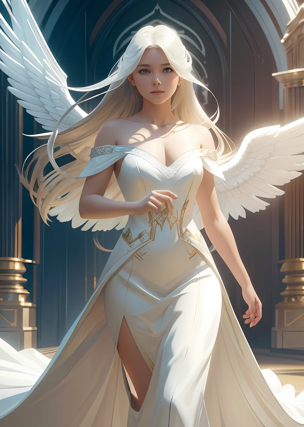 young girl angel, with floating hair, flowing white gown, highly detailed, digital painting, artstation, concept art, smooth, sharp focus, illustration, unreal engine 5, 8k, art by artgerm and greg rutkowski and alphonse mucha
