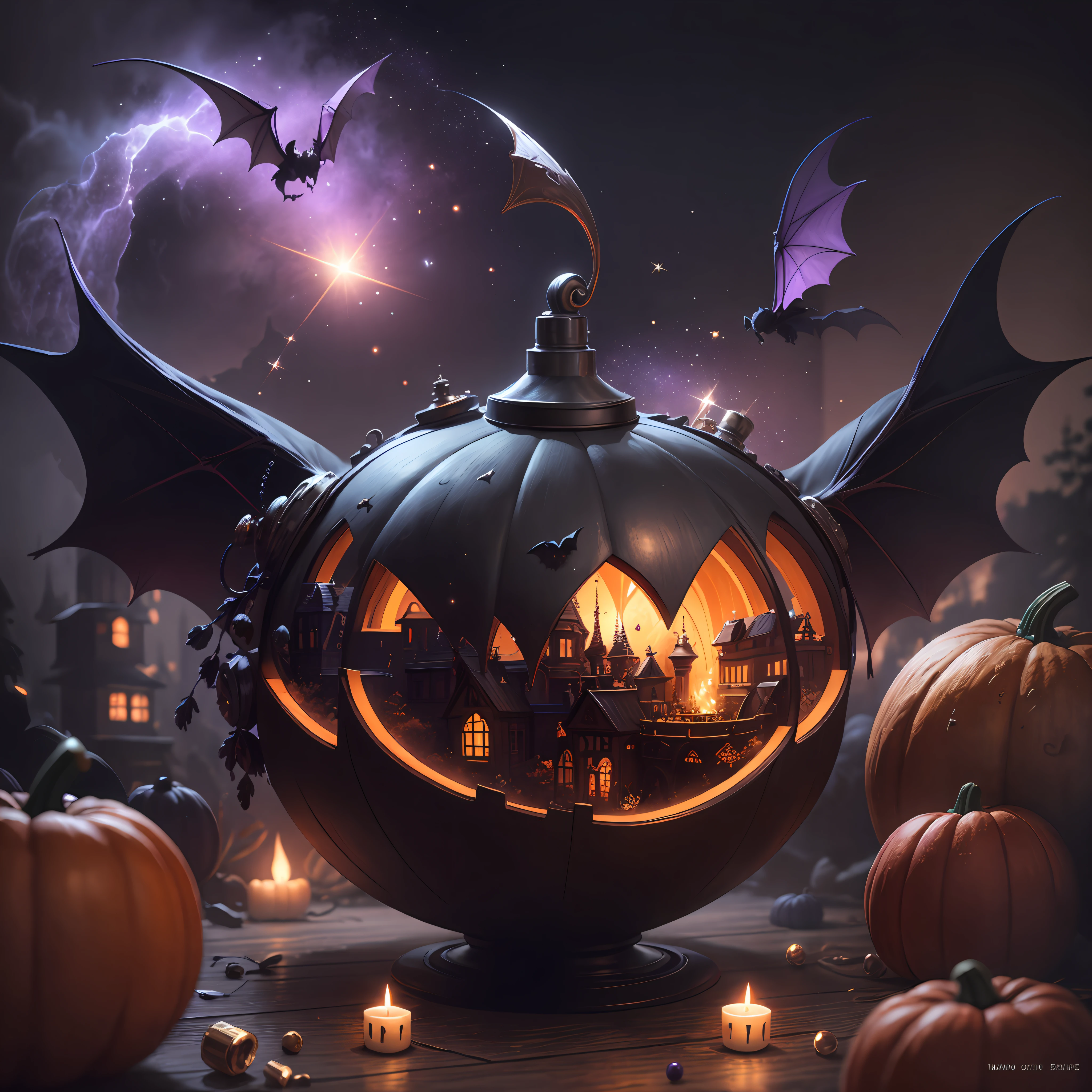 neo-classical, conceptual art, Ray tracing, Sparkle, Ultra-wide angle, kanon, f/4.0, hyper HD, 巨作, Best quality, A high resolution, Award-Awarded, 16k,Alchemy,steampunc,pumpkins,the bats,Flying broom,Purple sky,