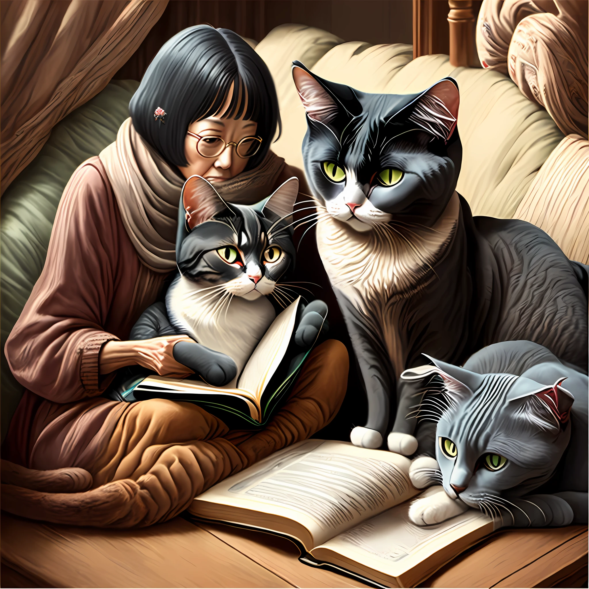 A 50-year-old woman reads a book over tea。There are two cats next to them,A chubby gray cat,One is a black cat,Don't cartoon characters,Real photos,Elegance --auto