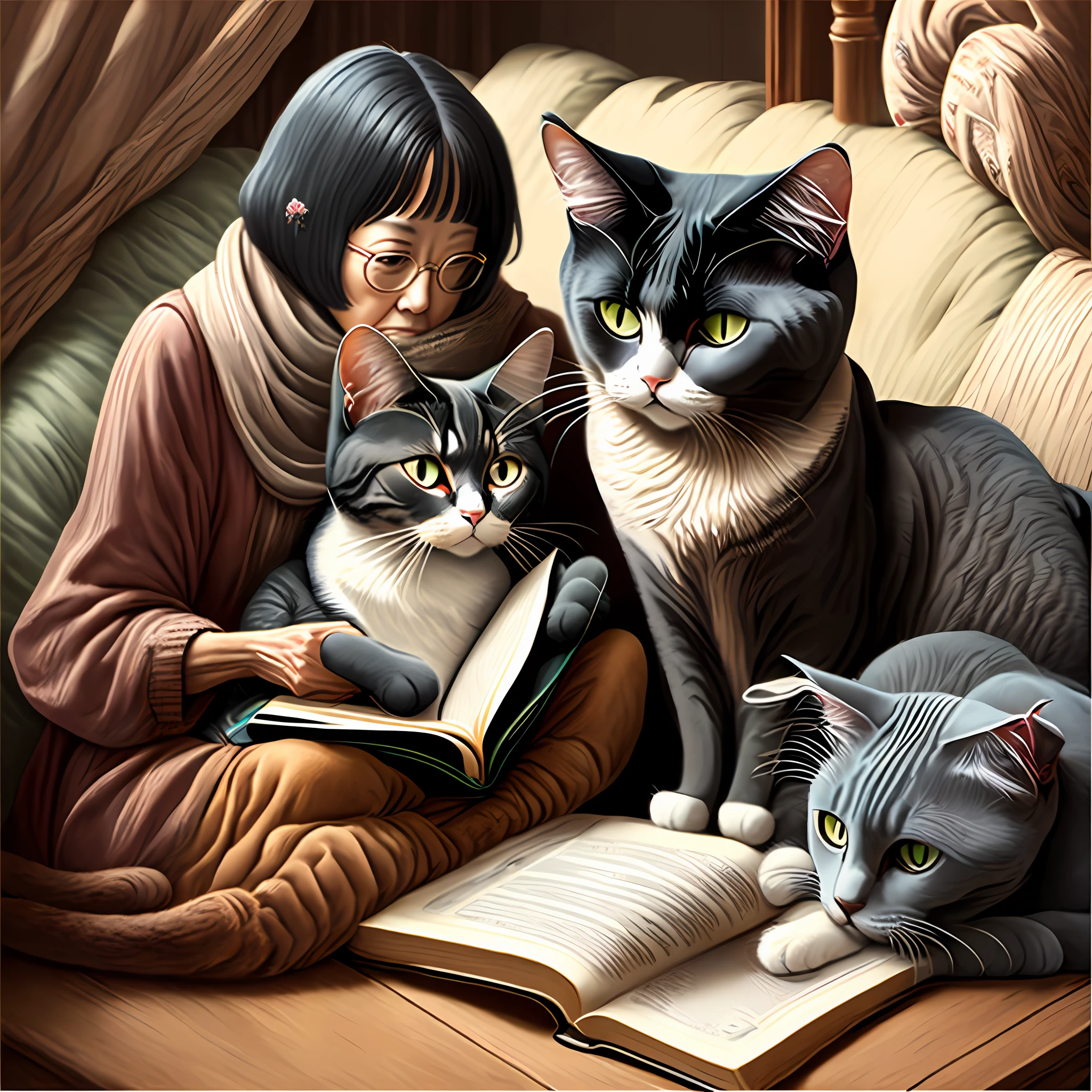A 50-year-old woman reads a book over tea。There are two cats next to them,A chubby gray cat,One is a black cat,Don't cartoon characters,Real photos,Elegance --auto