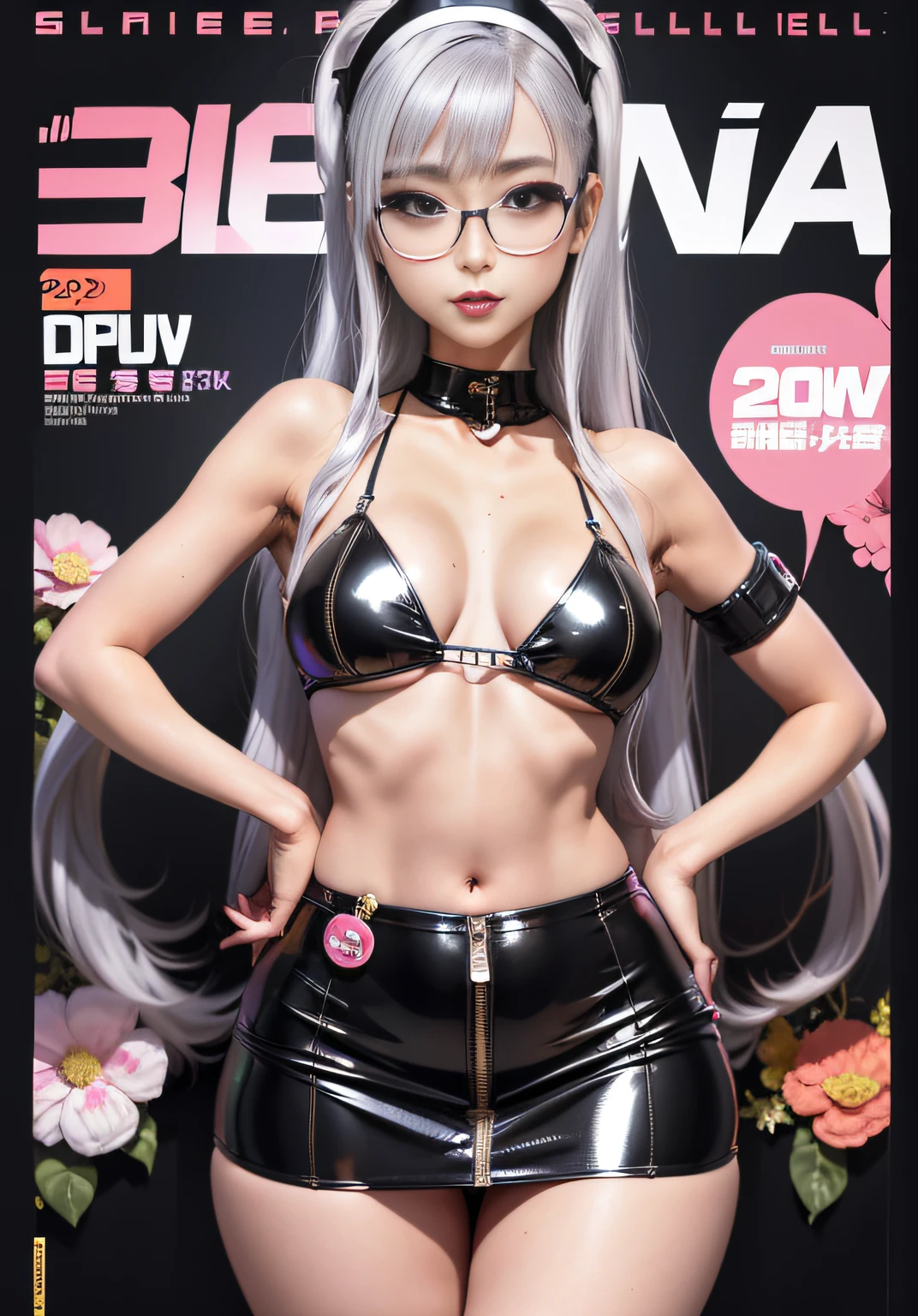 Nurse Cap、Biting shiny colorful ultra micro bikini、Grinning、zippers、Latex Super Mini Skirt、Latex High Heels、、Staggered black-rimmed glasses、(FULL BODYSHOT)、Glossy skin、,(20yr old）、sexy facial expression、skinny body shape、large boob、Japan Idol Hairstyles、(magazine:1.3), (cover-style:1.3),Silvery hair、