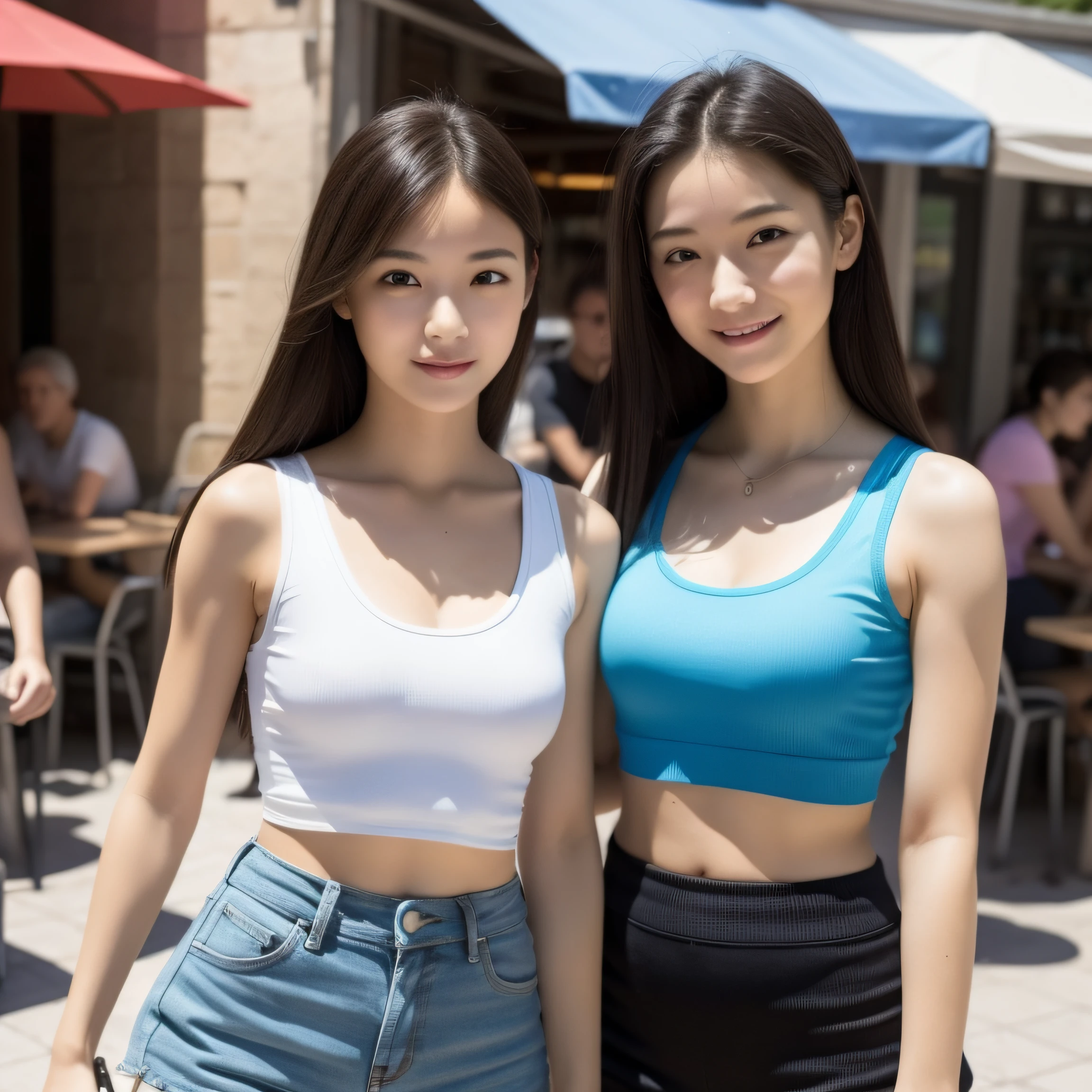 ultra-detailed, 1 girl, Asian, athletic body, realistic skin texture, long hair, (breasts:1.0), (smile:0.8), gaze at viewer, cropped T-shirt, skinny T-shirt, tight tank top, hot pants shorts, micro mini skirt, movie lighting, face focus, fine eyes, detailed face, well lit face, sunny day, outdoor cafe in background, nice thighs