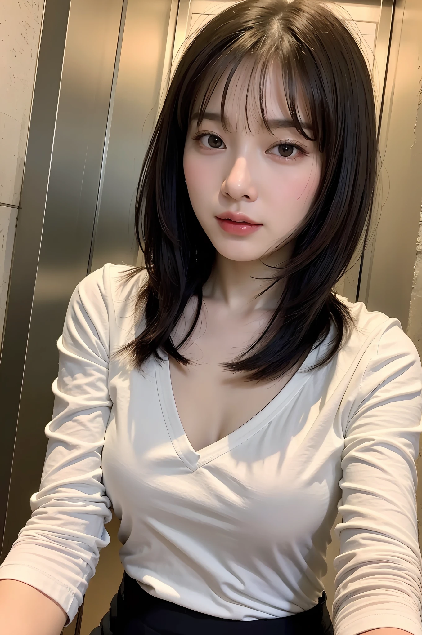 ((8K:1.27)、top-quality、​masterpiece、超A high resolution:1.2)Photo beautiful Chinese woman(pleasing:1.1) (White shirt:1.21) Design by Gregg Lutkowski and Alphonse Mucha Intricate Elegance、Fantasia、detail、Geometry、Gradient lighting、1girl in、Delicate skin、looking at the viewers、Brown-eyed、(short hair with bangs:1.2)、(Medium chest:1.0)、(medium areola:0.8)、(realisitic:1.4)、(top-quality:1.0)、(超A high resolution:1.0)、8K、Raw photography、(​masterpiece:0.2)、(pureerosface_v1:0.5)、 Camisole、s Office、Inside the elevator、Be proud、Face you want、Eyes that are throbbing、excited expressions、Hot、